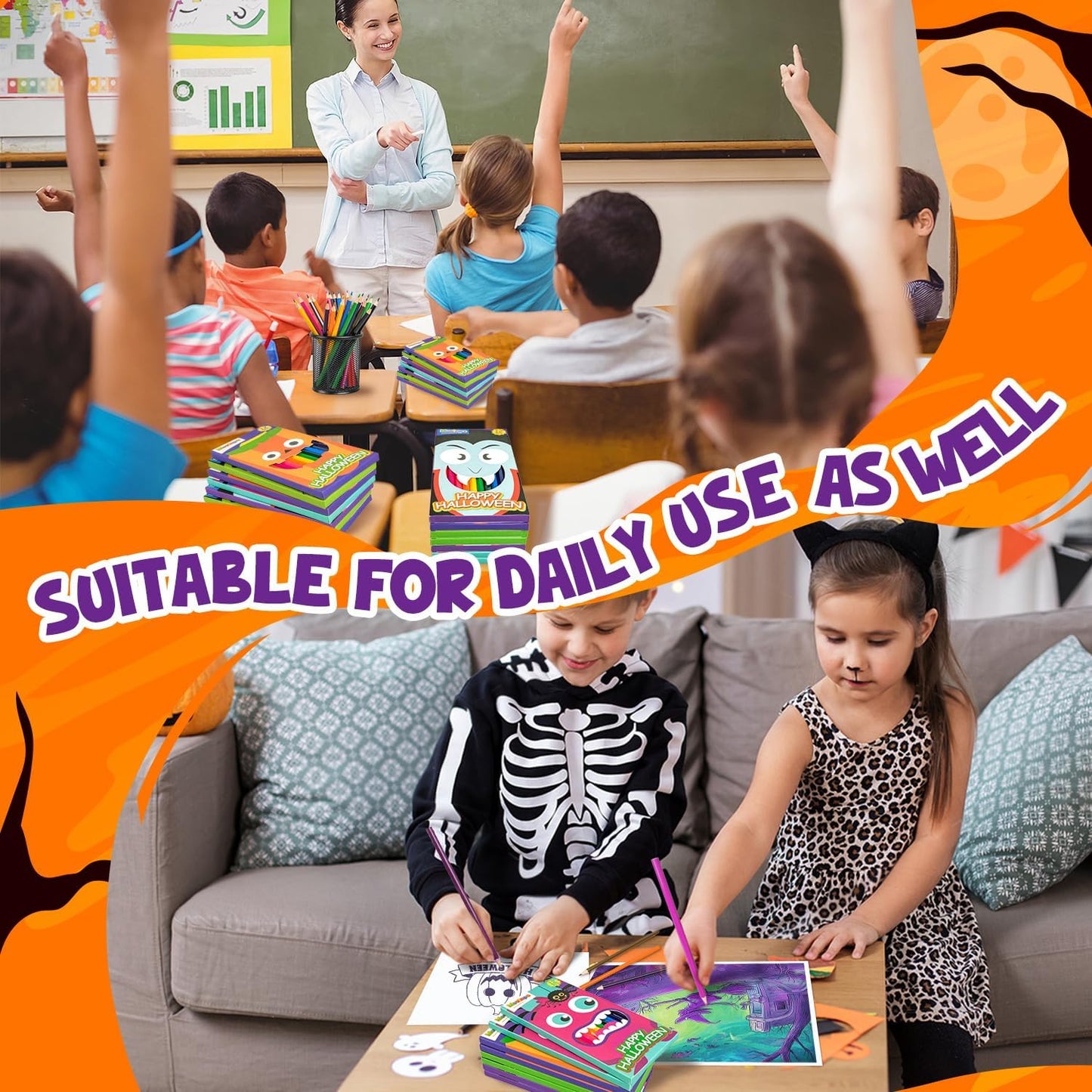 MOVINPE 288 Count Halloween Colored Pencils Bulk for Kids, 24-Box Pre‑Sharpened Colored Pencils 12 Vivid Colors Trick or Treating Party Favor Supplies Halloween Goody Bags, Classroom Gift Prize