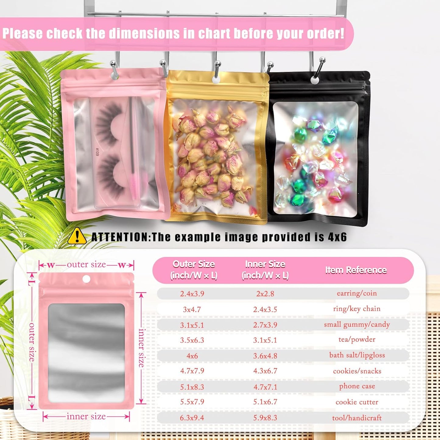 FUNFERY 100 Pack Mylar Resealable Bags Foil Packaging Bags with Clear Window,Zipper Pouch Smell Proof Bag for Food Storage,Cookies,Sample,Small Business(Pink,7x10inch)