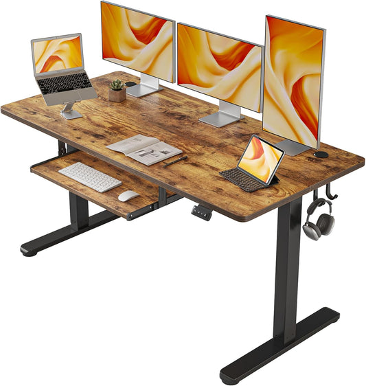 FEZIBO Standing Desk with Keyboard Tray, 60 x 24 Inch Adjustable Height Sit Stand Desk with Memory Presets for Home Office, Ergonomic Computer Workstation, Rustic Brown