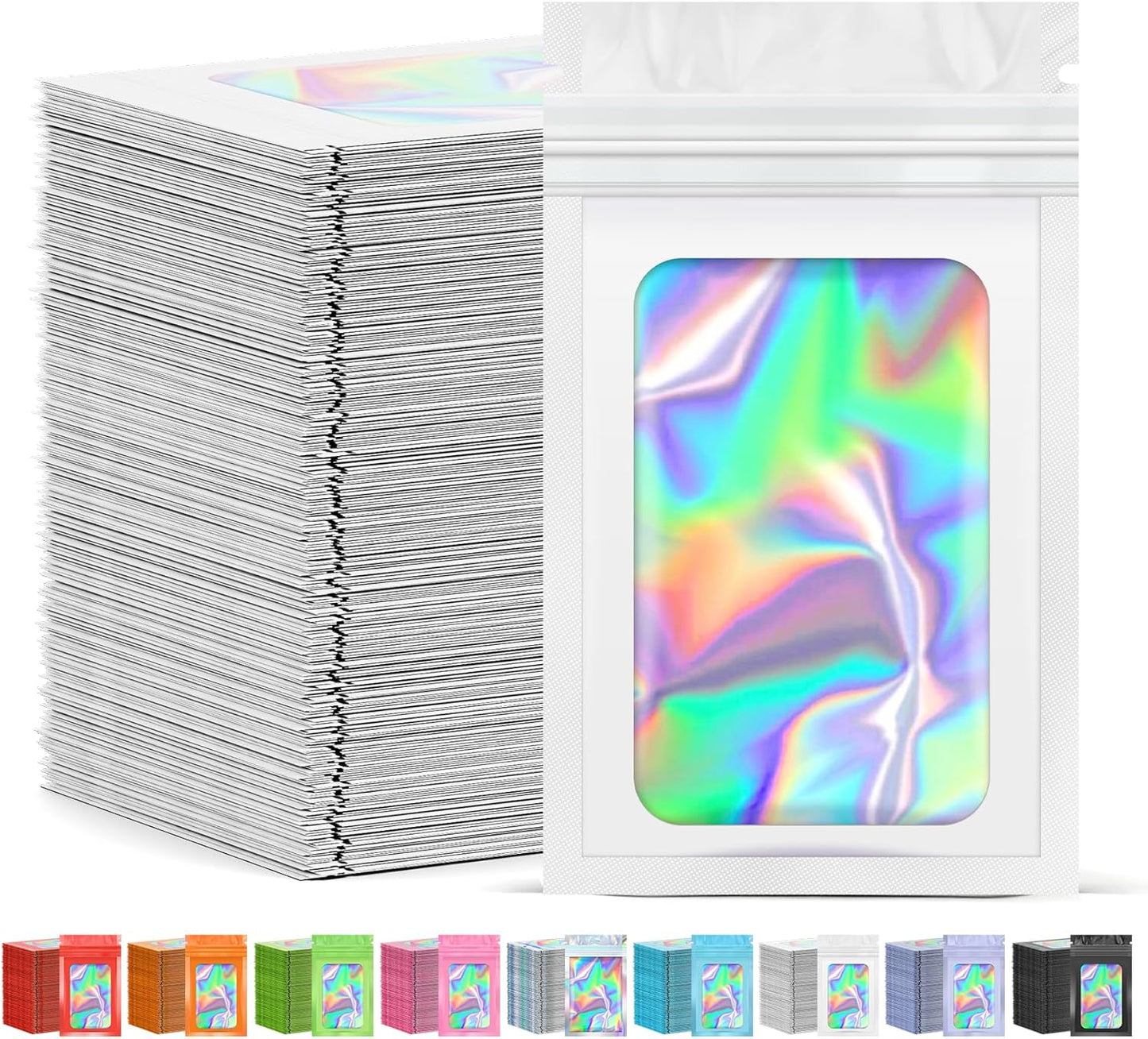 300 Pcs Mylar Bags, Smell Proof Bags Foil Pouch, Holographic Resealable Bags for Small Business, Candy Sample Jewelry Bag Sealable Packaging for Party Favor Food Storage 3x5in-White)