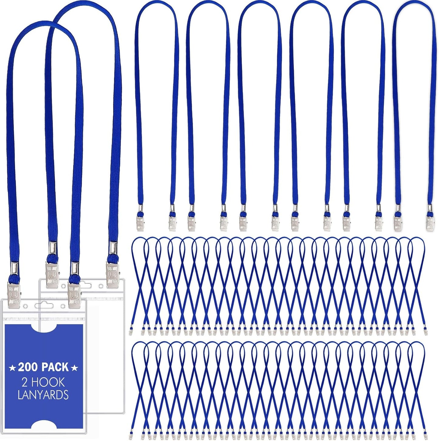 Patelai 200 Pack Double Clip Lanyards Bulk Face Mask Lanyard Twist Free 2 Hook Design Adjustable Badge Neck Strap for Conference Office Class Essential Back to School Gifts ID Card Keychain (Blue)