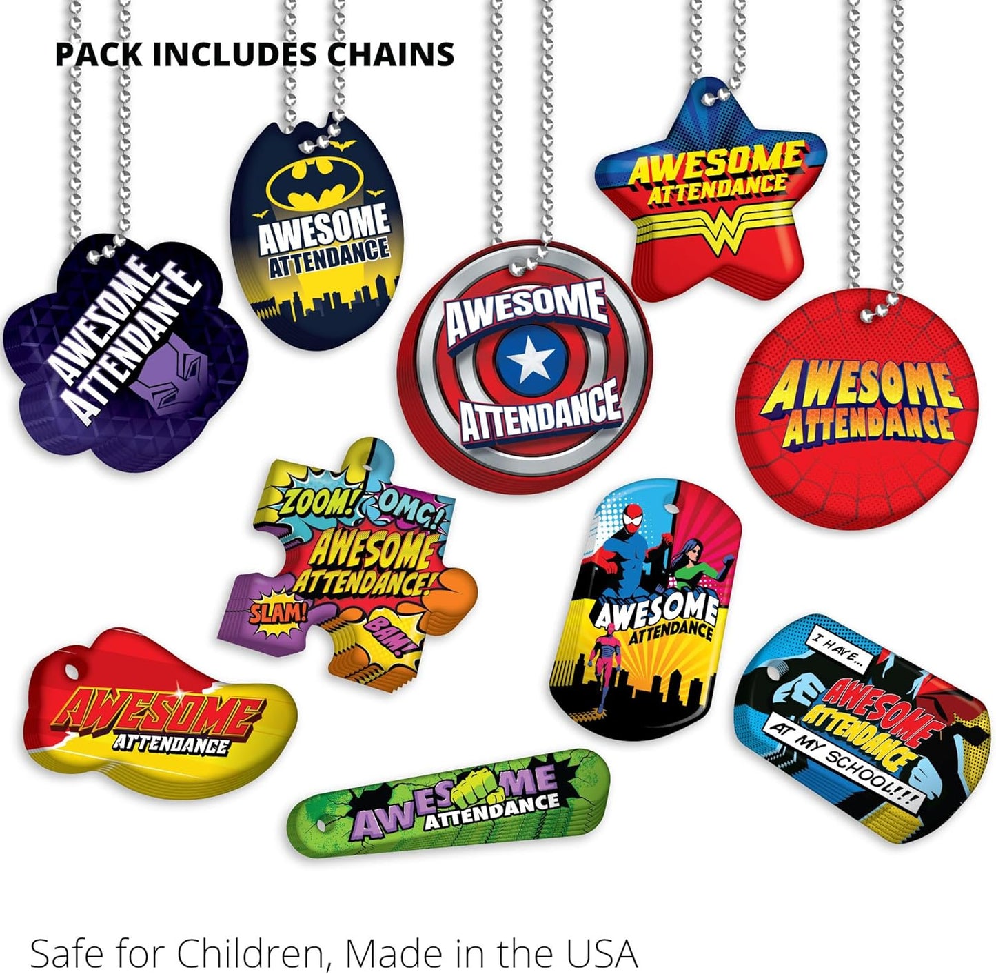 Awesome Attendance Heroes Brag Tag Value Pack to Improve Student School & Classroom Attendance: 100 Tags (10 Tags for Each Design) + 25 USA-Made 24" Hypoallergenic Aluminum Safety Chains
