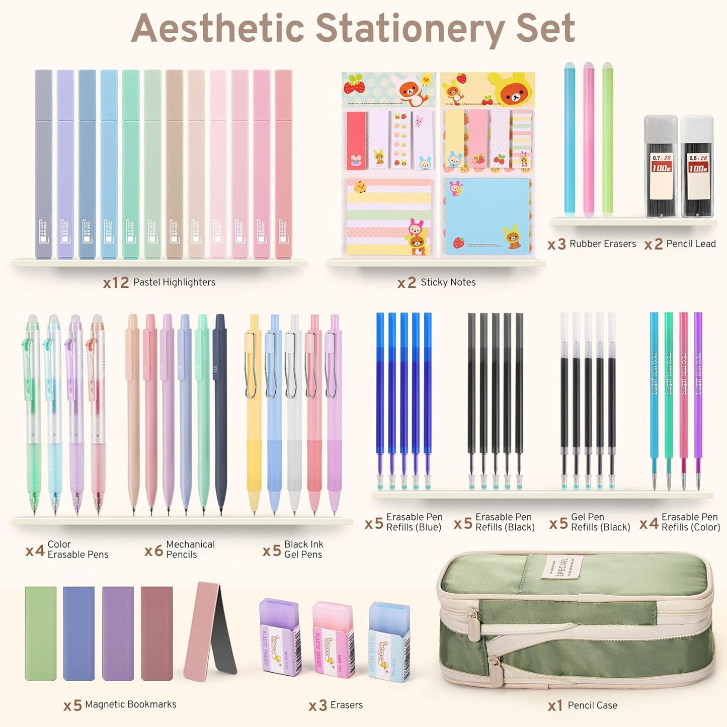 DazSirit 62 PCS Aesthetic School Supplies with Foldable Pencil Case, 12 Pastel Highlighters, 4 Erasable Pens, 5 Gel Pens, 6 Mechanical Pencils, Sticky Notes, Complete Stationery Kit for Teens, Green