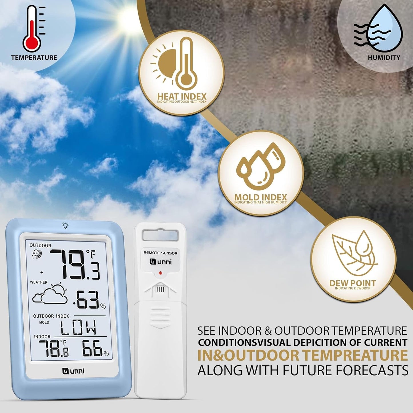 Indoor Outdoor Thermometer Wireless Weather Station, Temperature Humidity Monitor Battery Powered with 330ft Range Remote Sensor and Backlight Display（Light Blue）