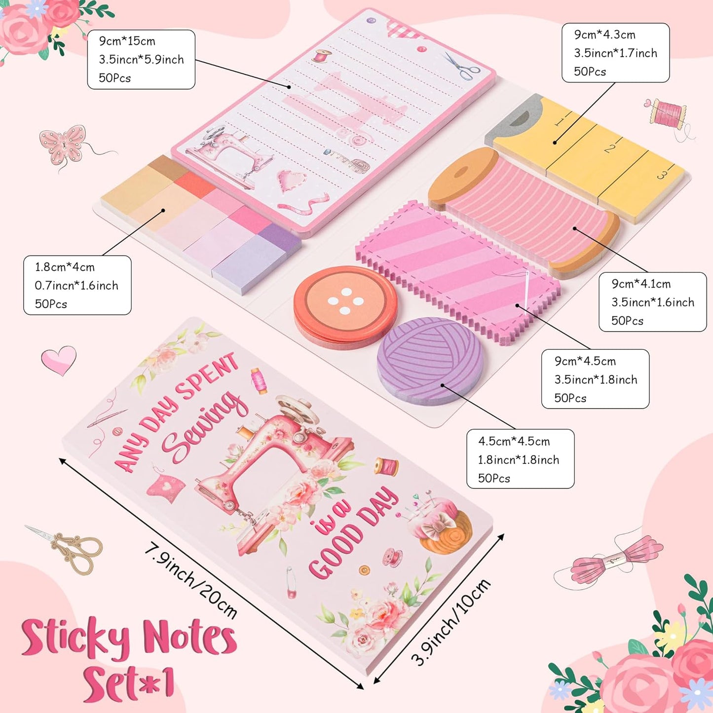 Xqumoi Retro Sewing Sticky Notes Set - Any Day Spent Sewing is A Good Day Self-Stick Note Pads Teacher Appreciation Notepads Writing Memo Pad Page Marker Back to School Office Supplies (Pink)