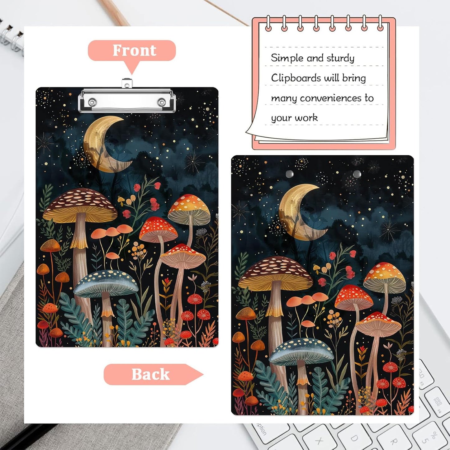 Forest Mushroom Plastic Clipboards,Cute Fashion Moon Clipboard Decorative 8.5" x 12.5"Standard A4 Size Clipboards,Acrylic Clipboard for Teacher,Social Worker,Students,Nurse,Office Supplies