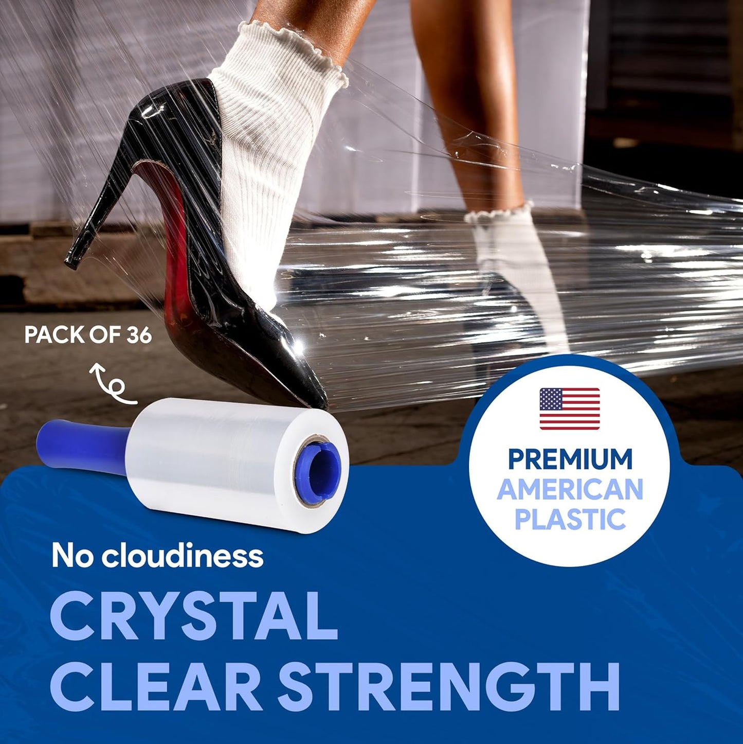International Plastics Co. 18" Plastic Stretch Film/Wrap 1200ft 500% Stretch Clear Cling Durable Adhering Packing Moving Packaging Heavy Duty Shrink (36 Pack, 5" Spinning Handles)