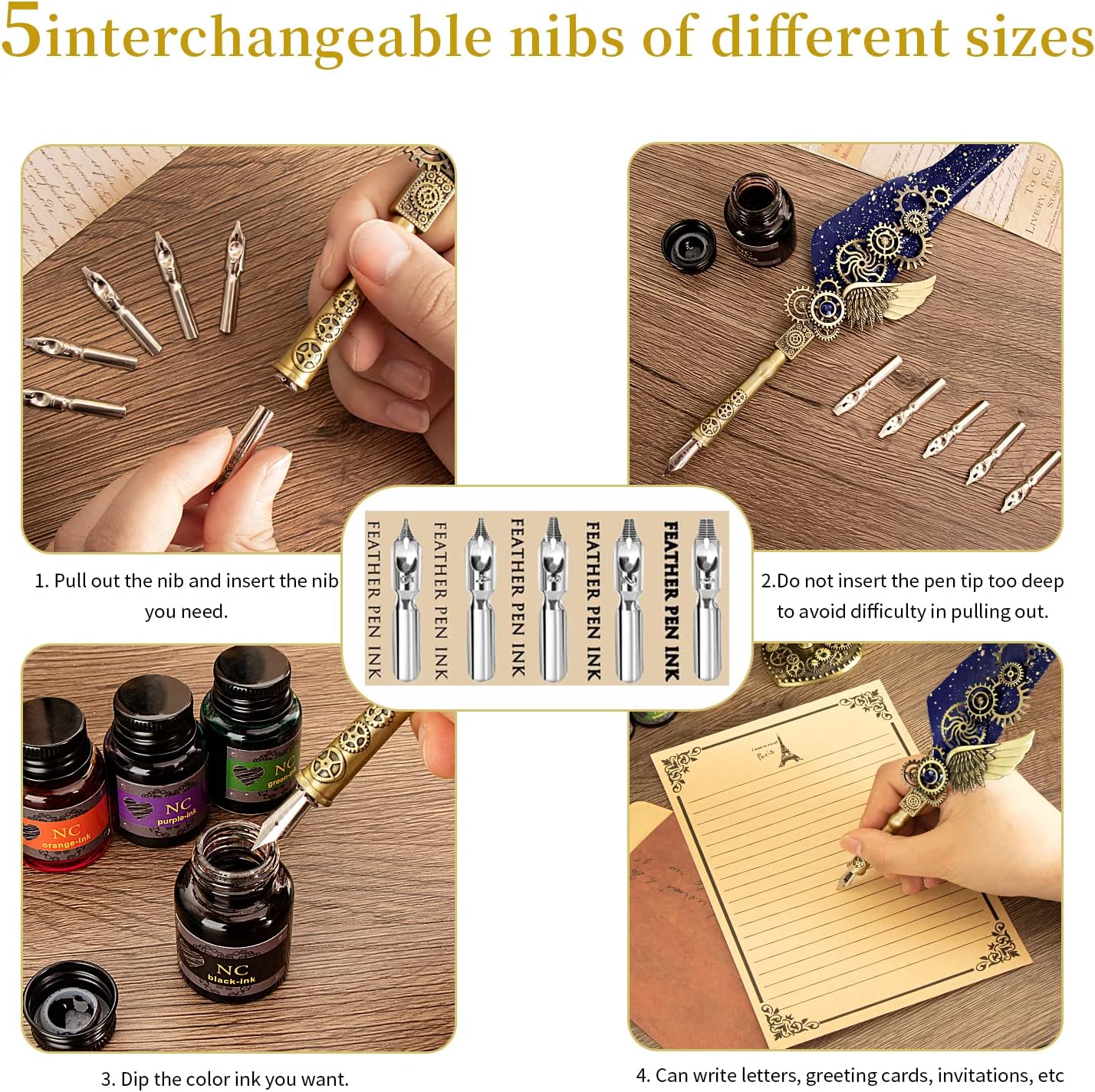NC Quill & Feather Calligraphy Pen Set, Wax Seal Stamp - Valentine's & Birthday Gift, Ideal for Various Holidays (Blue)