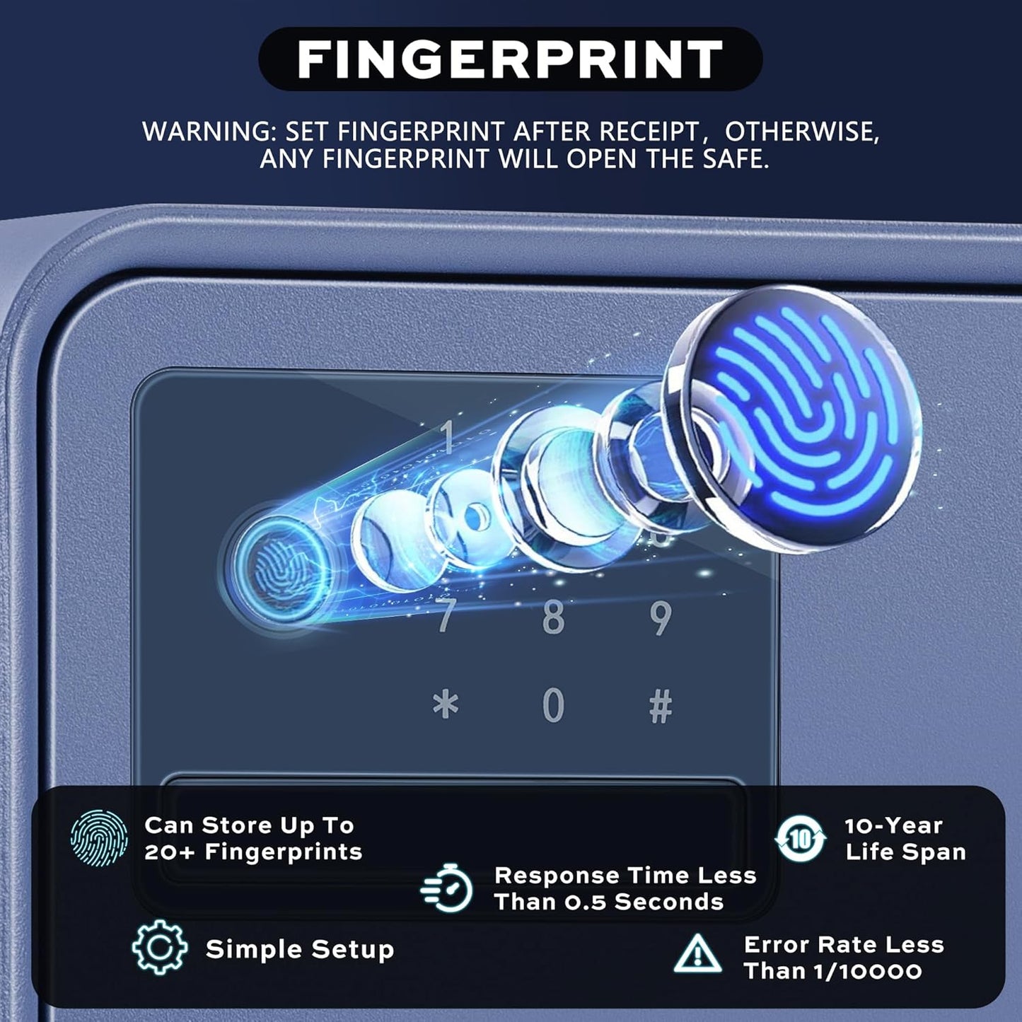 Biometric Safe for Home, 0.6 Cube Feet Auto-Open Fingerprint Safe with Touch Screen, Alarm System & Removable Shelf, Small Money Box for Cash, Jewelry, Documents, Home Office Use,Blue