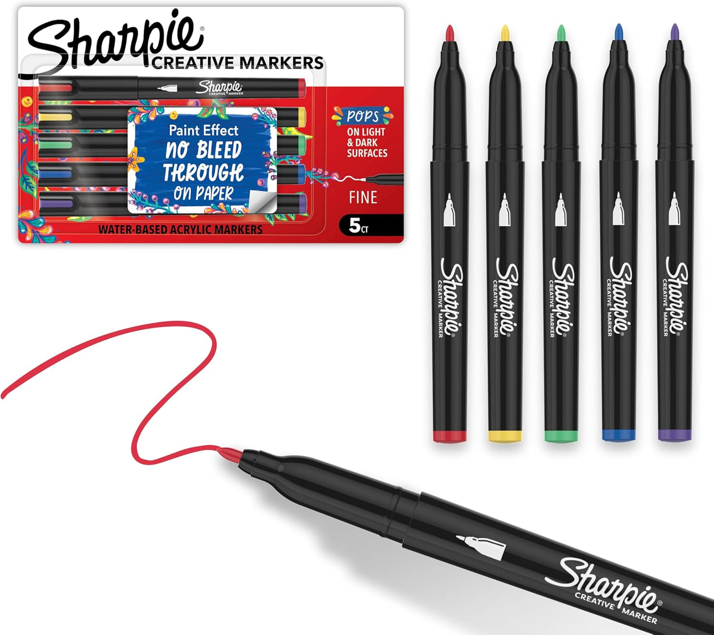 Sharpie Creative Markers, Water-Based Acrylic Paint Markers, Fine Tip, Assorted, 5 Count