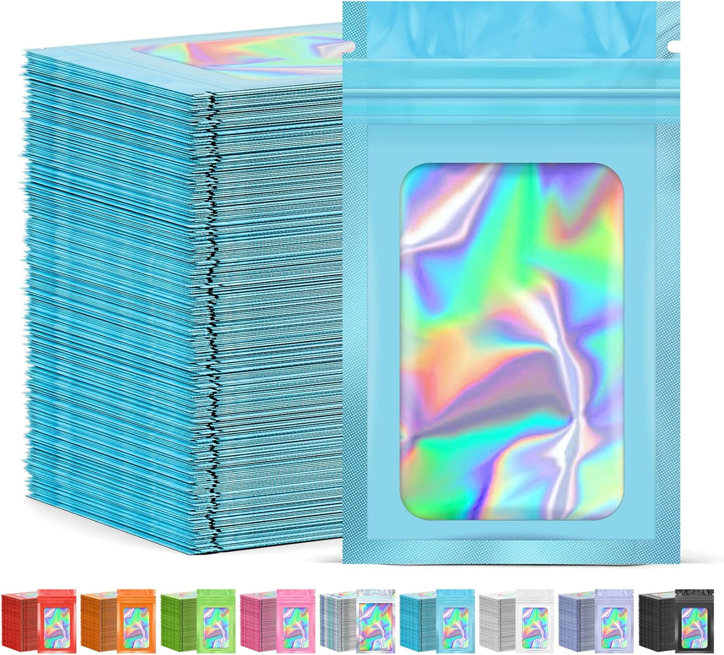 300 Pcs Mylar Bags, Smell Proof Bags Foil Pouch, Holographic Resealable Bags for Small Business, Candy Sample Jewelry Bag Sealable Packaging for Party Favor Food Storage (3x5in-Blue)