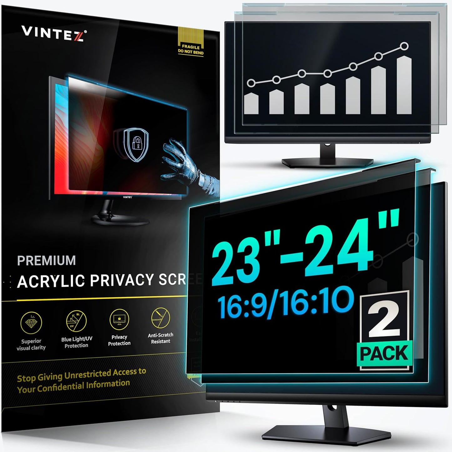Universal 23"-24" - 23", 23.6", 23.8", 24" - 16:9/16:10 Aspect Ratio - 2 Pack - Computer Privacy Screen Filter for Widescreen Computer Monitors - 21.2"x13.4" = 541x342mm - Monitor Frame Hanging Type