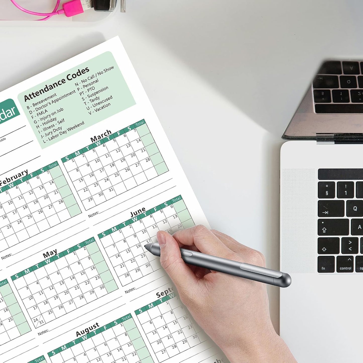 2026 Attendance Calendar - Record Employee Work Tracker Attendance Cards - Each Sheet 8.5 X 11 100lb CardStock Paper Make (25 Sheets -Green)