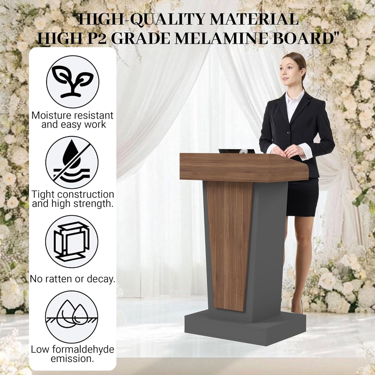 Wooden Podium Stand with Wheels, Stool and 2 Tier Storage, Lectern Presentation Church Classroom, 16MM Wood Board with Heavy Base (Brown/Grey)