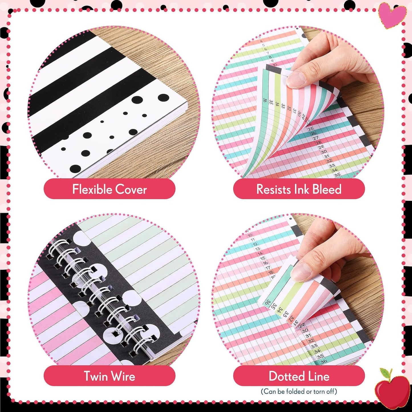 Teacher Record Book Teacher Grade Book Spiral Bound Record Class Gradebook Office Favors Gift for Classroom Attendance Supplies Decoration Double Sided Color Printing (Apple)