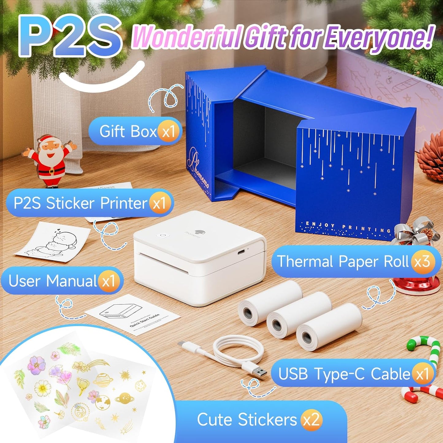 Phomemo Print Pods- Sticker Printer Mini Printer Thermal Sticker Maker Bluetooth Printer for Study Notes, Photos, List, Stickers, Gift, 3 Rolls Paper, White