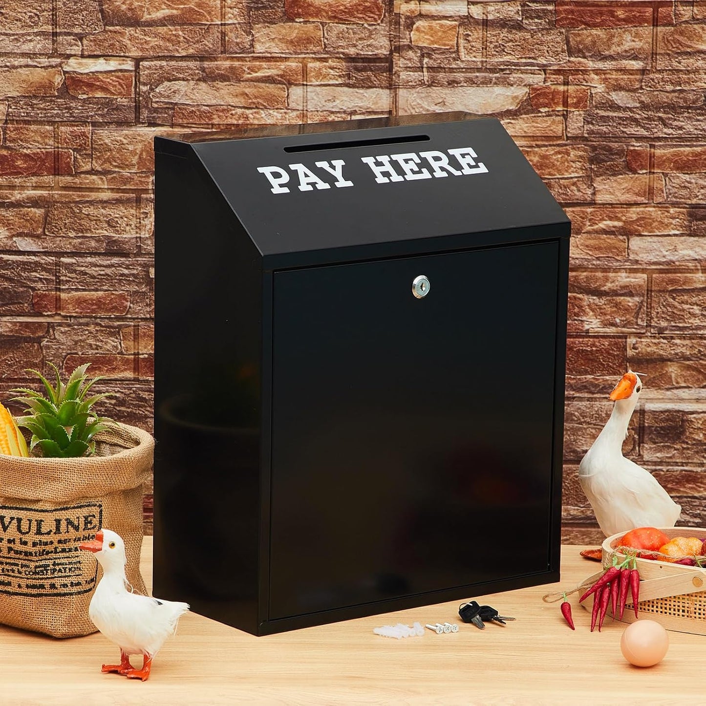 18 x 15 x 7 Inch Safe Cash Box Money Collection Metal Donation Box with Lock Wall Mount Pre Drilled Mailbox Delivery Ballot for Home Office Outdoor Self Serve Stand (Black)