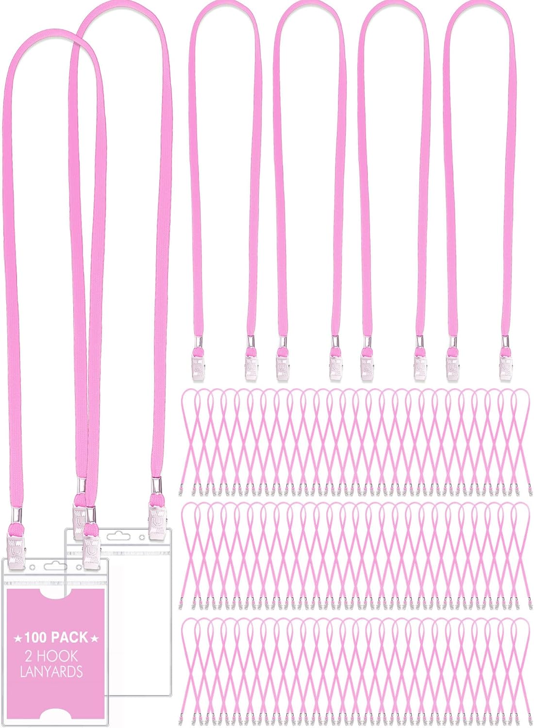 Patelai 100 Pack Double Clip Lanyards Bulk Face Mask Lanyard Twist Free 2 Hook Design Adjustable Badge Neck Strap for Conference Office Class Essential Back to School Gifts ID Card Keychain (Pink)