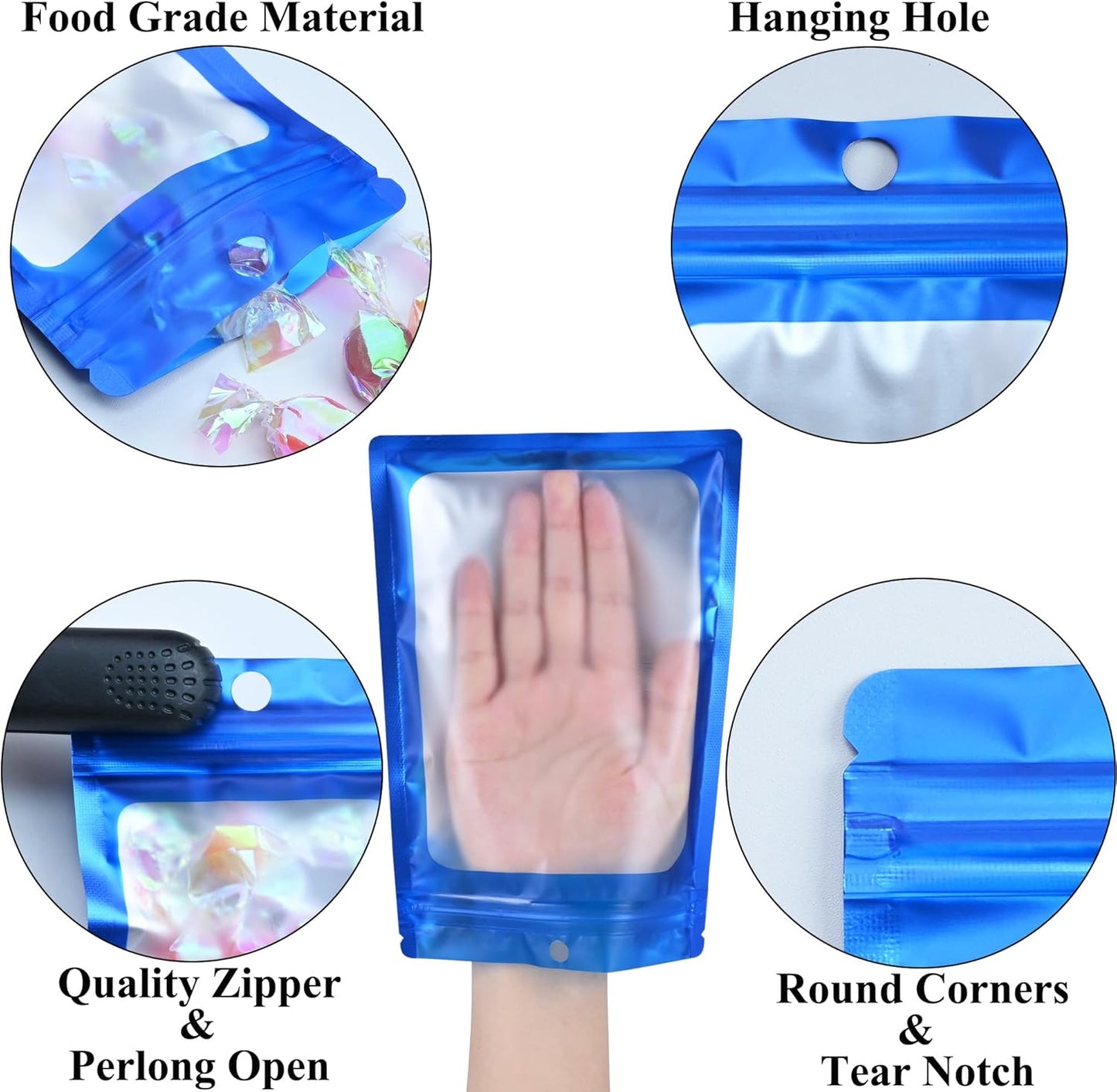 Resealable Mylar Pouch Bag Great for Office Home Party Favor Food Storage (100PCS, Blue Color, 6.3 x 9.5 inch)