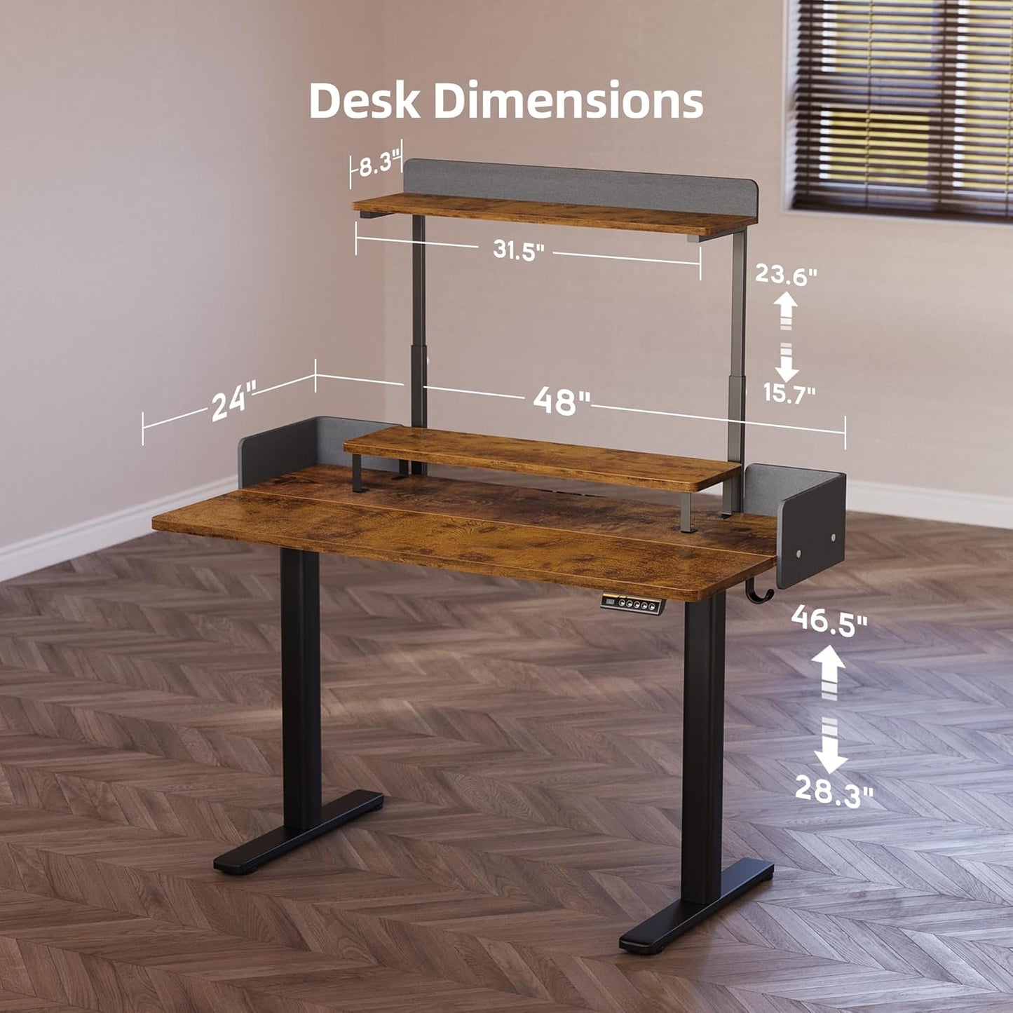 Claiks Electric Standing Desk, 48 x 24 Inches Height Adjustable Desk with Removable Shelves, Stand Up Desks Computer Workstation, Rustic Brown