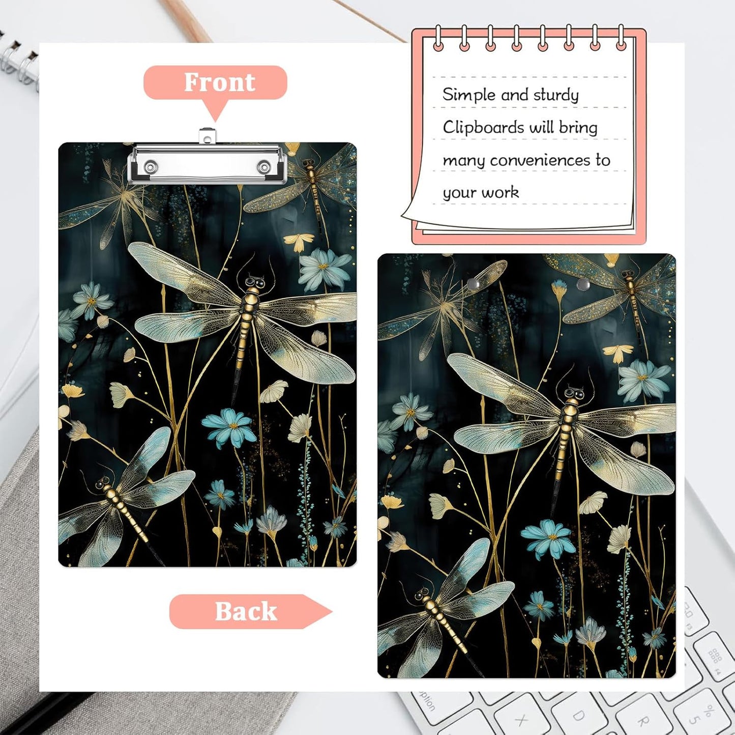 Dragonfly Blue FloralPlastic Clipboards,Cute Fashion Clipboard Decorative 8.5" x 12.5"Standard A4 Size Clipboards,Acrylic Clipboard for Teacher,Social Worker,Students,Nurse,Office Supplies