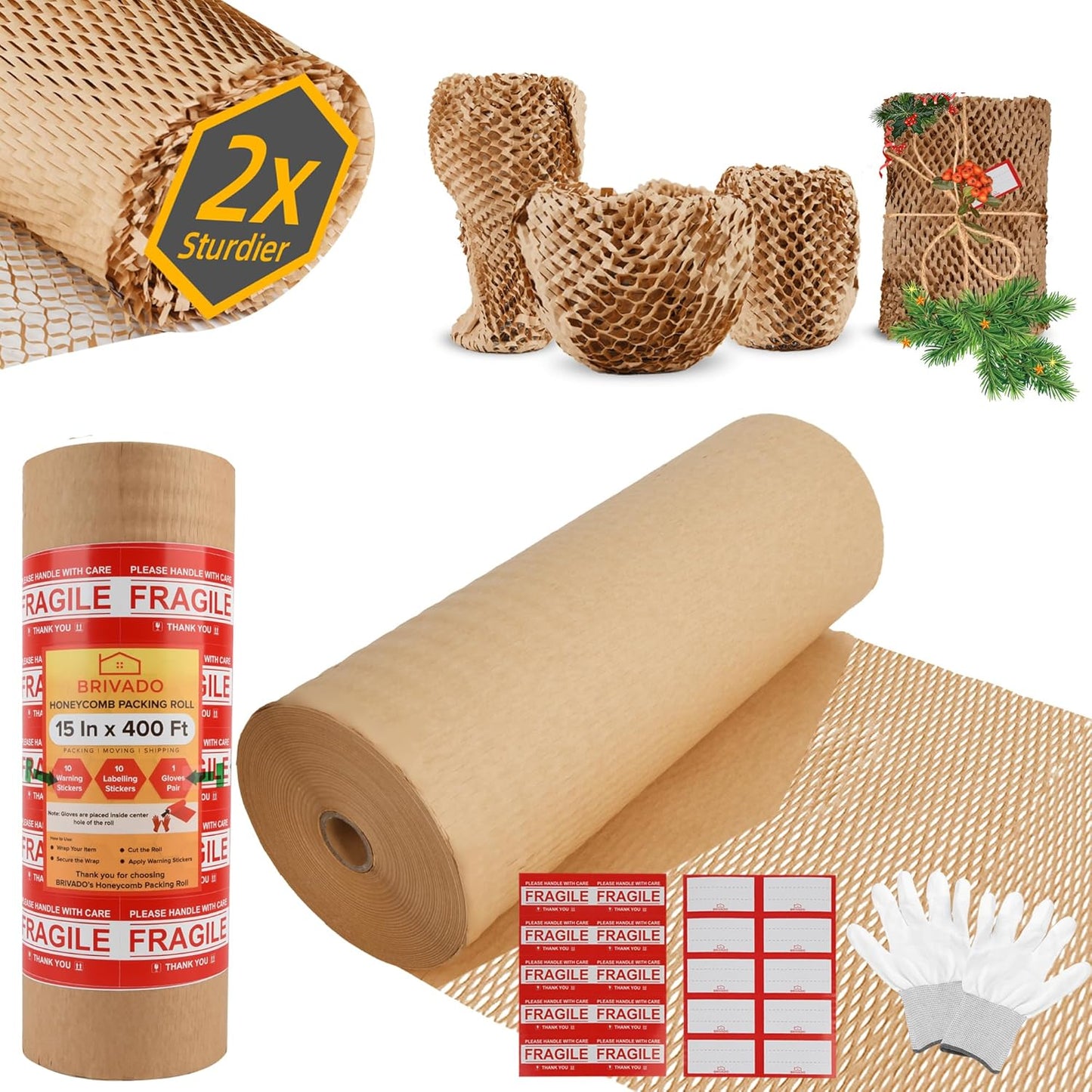 Honeycomb Packing Paper 15"x400' Roll with Fragile & Labeling Stickers, Gloves - Bubble Wrap for Moving,Products & Gifts Wrapping Paper, Recyclable & Biodegradable Cushioning Packing Material