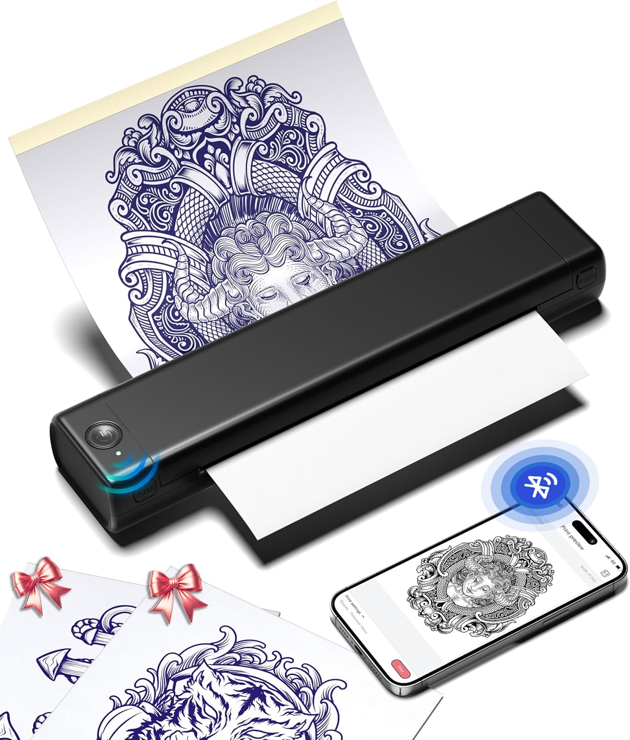 Phomemo Tattoo Stencil Printer, M08F Wireless Thermal Tattoo Printer with 10pcs Transfer Paper, Compatible with Phone/Tablet/PC, Tattoo Supplies for Tattoo Artists, AI Image Generation, All Black