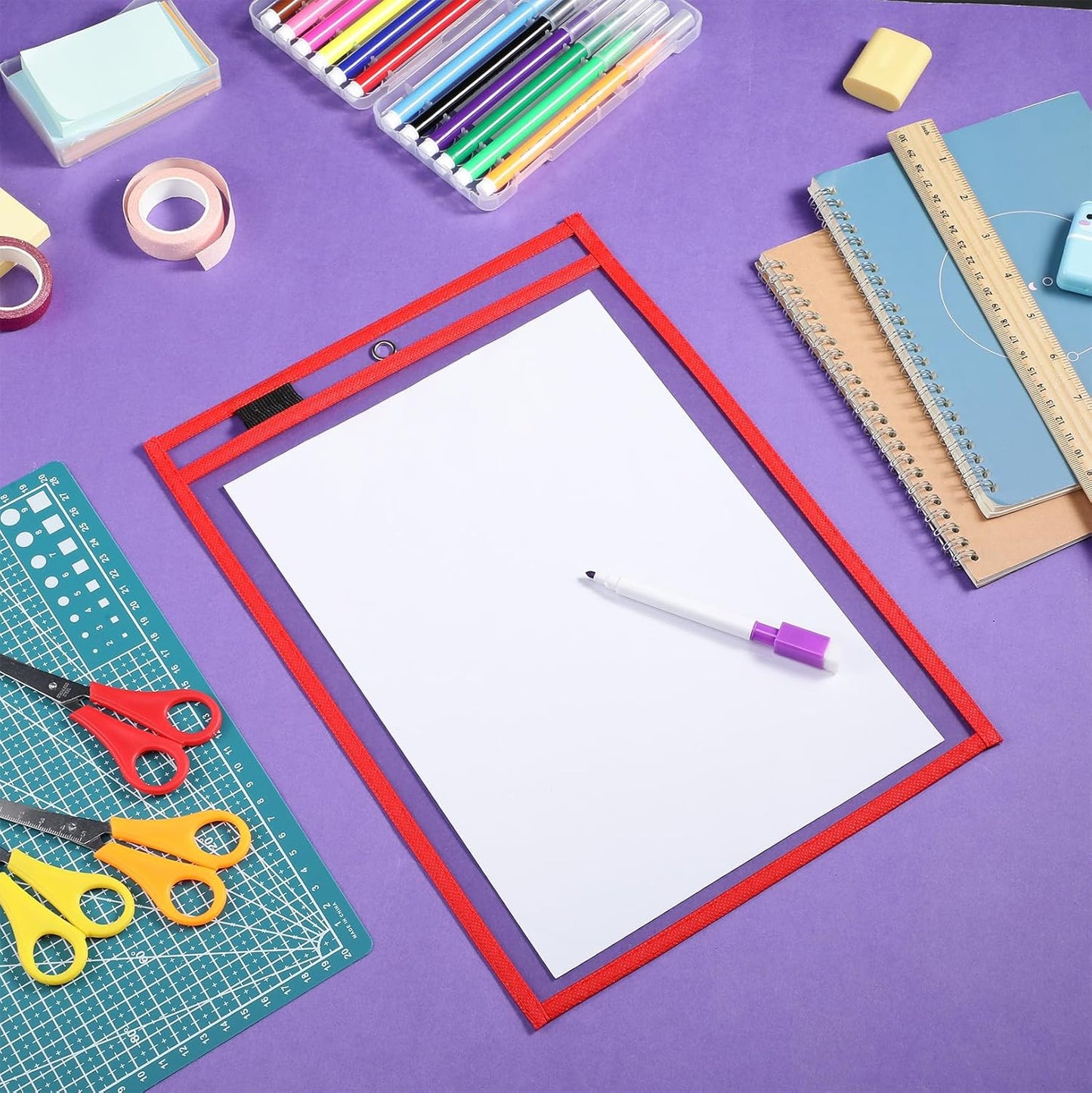 Nezyo Dry Erase Pockets Plastic Job Ticket Holders Shop Holder Order Pockets Clear Sleeves Tickets Folders Plastic Sleeves Paper Teacher Supplies for Classroom(14 x 10 in,Red,12 Pcs)