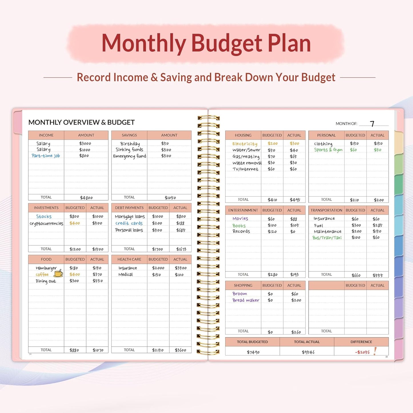 SUNEE Budget Planner - Monthly Budget Book with Expense Tracker Notebook, A4(8.5" x 11") Undated 12 Month Bill Organizer & Finance Planner to Manage Your Money, Account Book with Colorful Tab, Pink