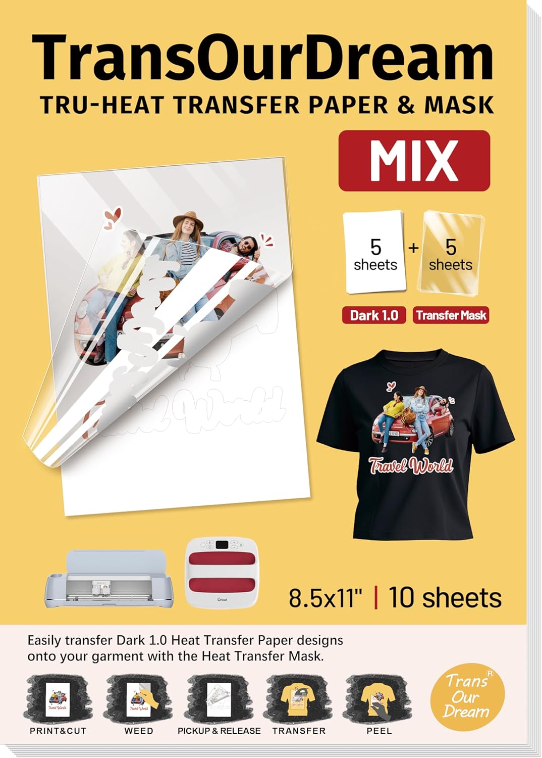 TransOurDream Heat Transfer Paper for Dark Fabric (5+5 Sheets，8.5"x11") Printable HTV Vinyl for Inkjet Printer, Iron on Transfers for Tshirts