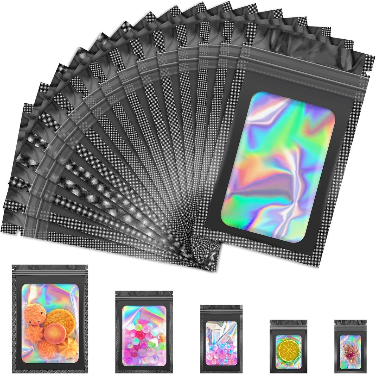 100 PCS Black Smell Proof Bag, Mylar Bags, Holographic Bags with Clear Window, Resealable Bags for Small Business, Packaging Bags for Bracelets, Jewelry, Candy, Gift, Sample Bags （2.4x3.9in）