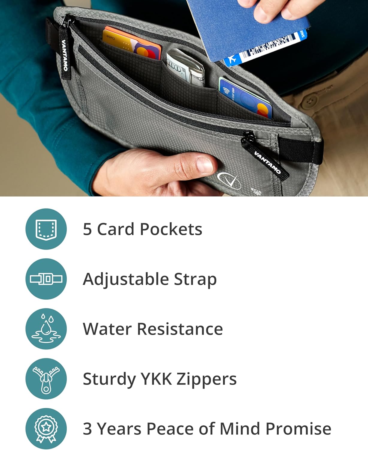 Vantamo Hidden Money Belt For Extra Safety, RFID Ultra-Thin Fanny Pack, 2 Compartment Money Bag Fits Passport & Phone