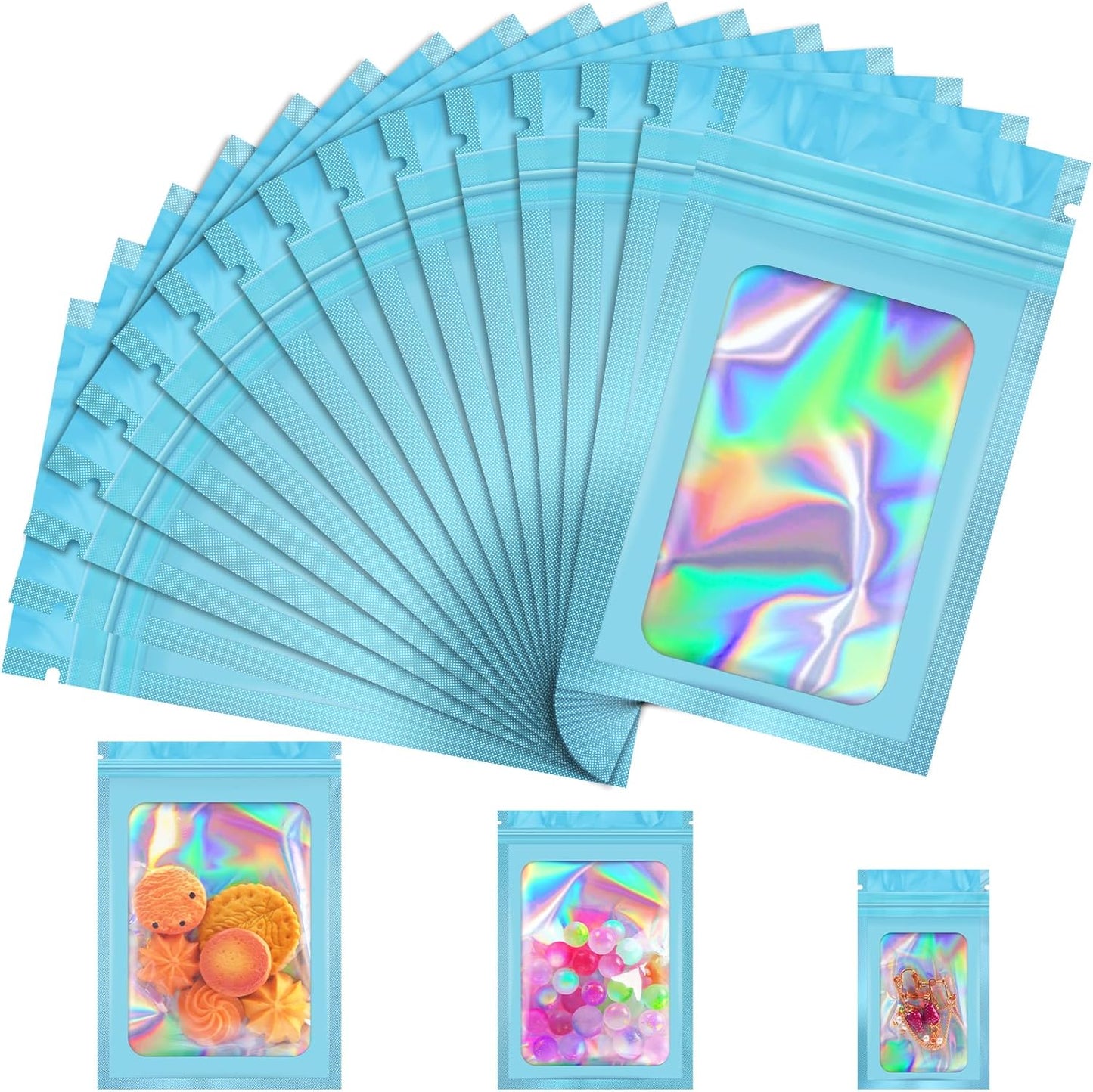 100 Pcs Mylar Bags, Holographic Resealable Bags for Small Business, Foil Pouch, Candy Sample Jewelry Bag Sealable Packaging for Party Favor, Food Storage (4x6in-Blue)