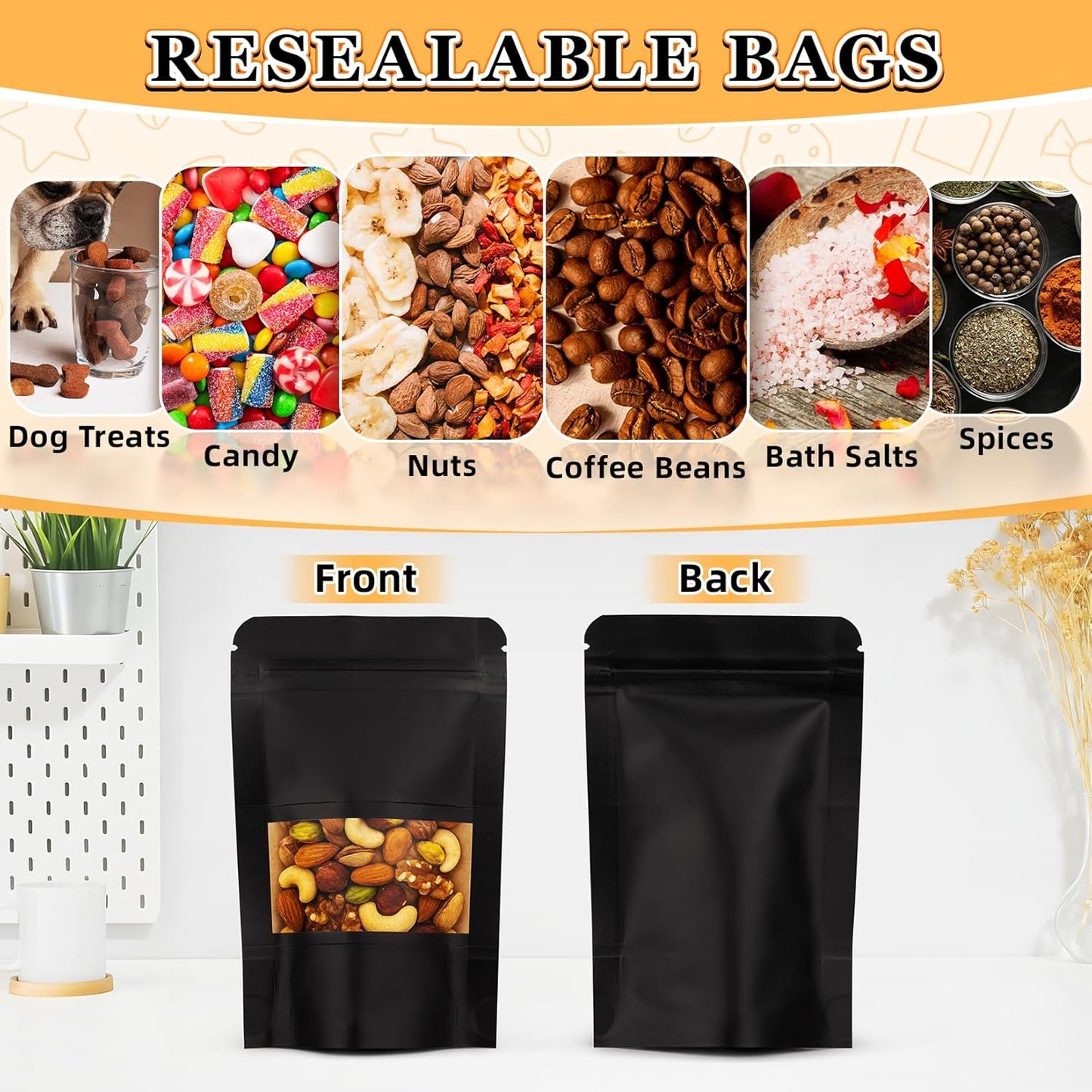Mylar Bags for Food Storage, 100 Pack Smell Proof Bag with Window, Resealable Bags for Small Business, Candy Bags, Dog Treat Bag, Bakery Packaging, Stand Up Pouch (4.7"x7.9")