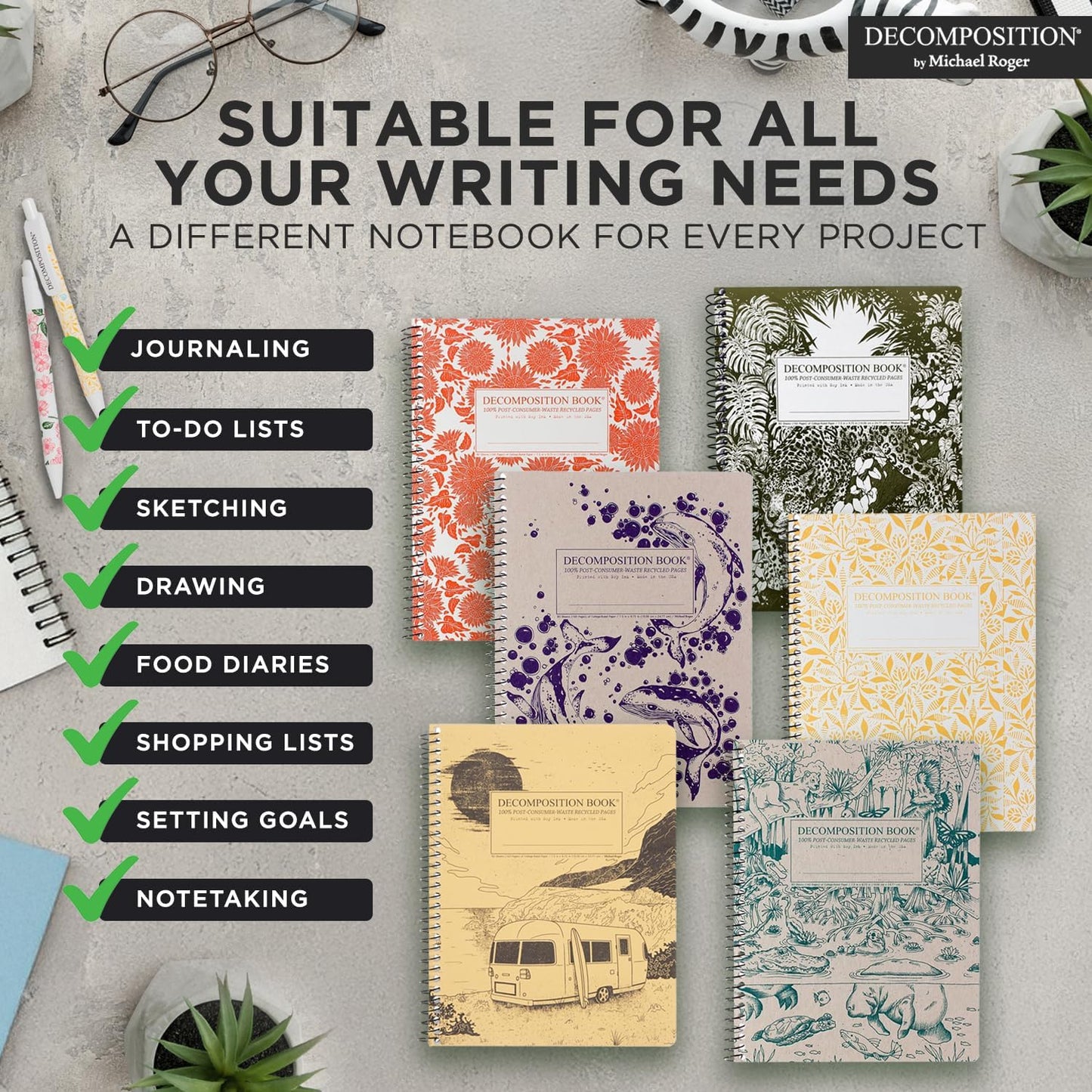 Decomposition 3-Pack Feathered Friends College Ruled Spiral Notebook - 9.75 x 7.5 Journal, 160 Lined Pages - 100% Recycled Paper - Notebooks for School Supplies, Home & Office - Made in USA