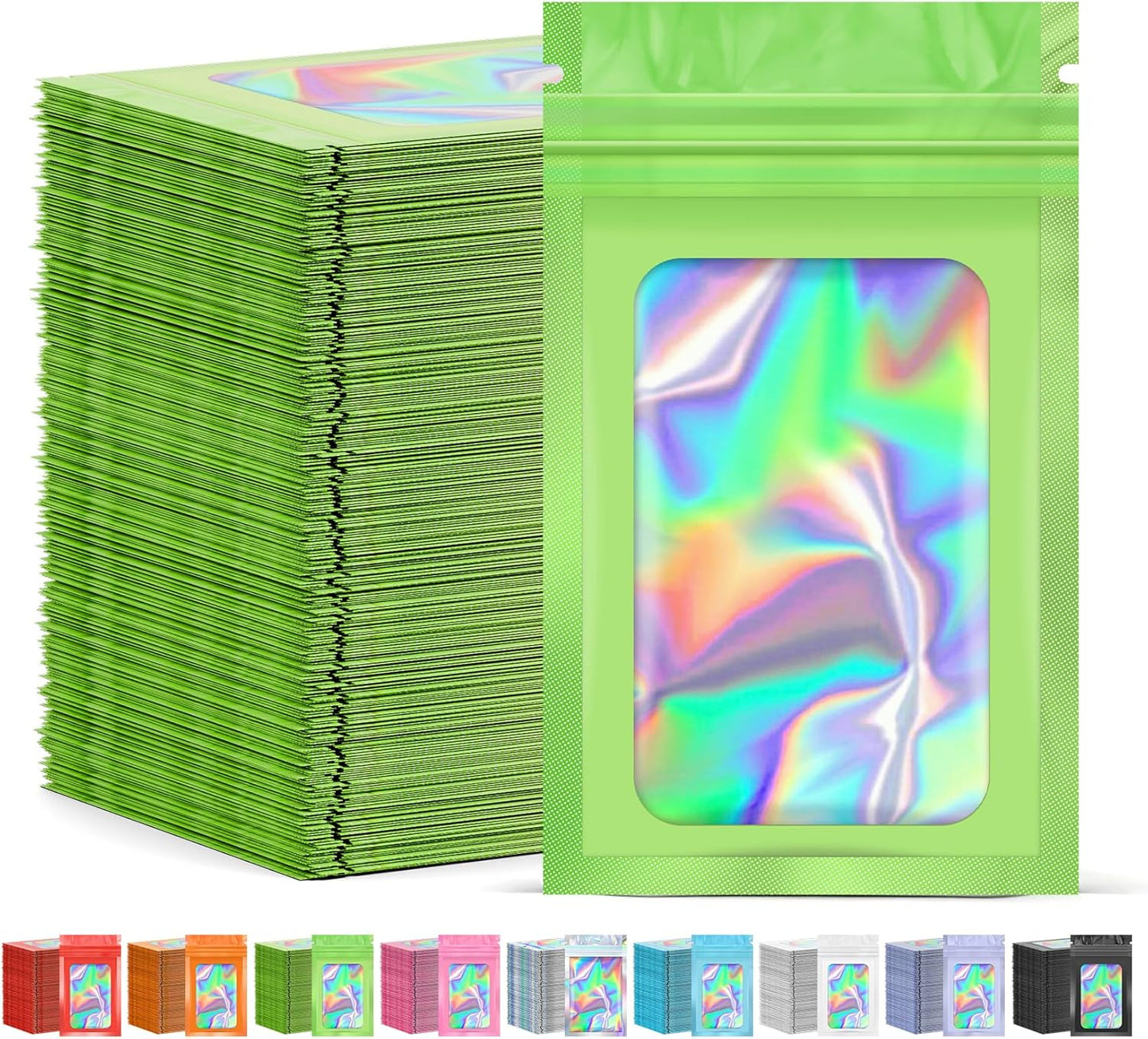 300 Pcs Mylar Bags, Smell Proof Bags Foil Pouch, Holographic Resealable Bags for Small Business, Candy Sample Jewelry Bag Sealable Packaging for Party Favor Food Storage (4x6in-Green)