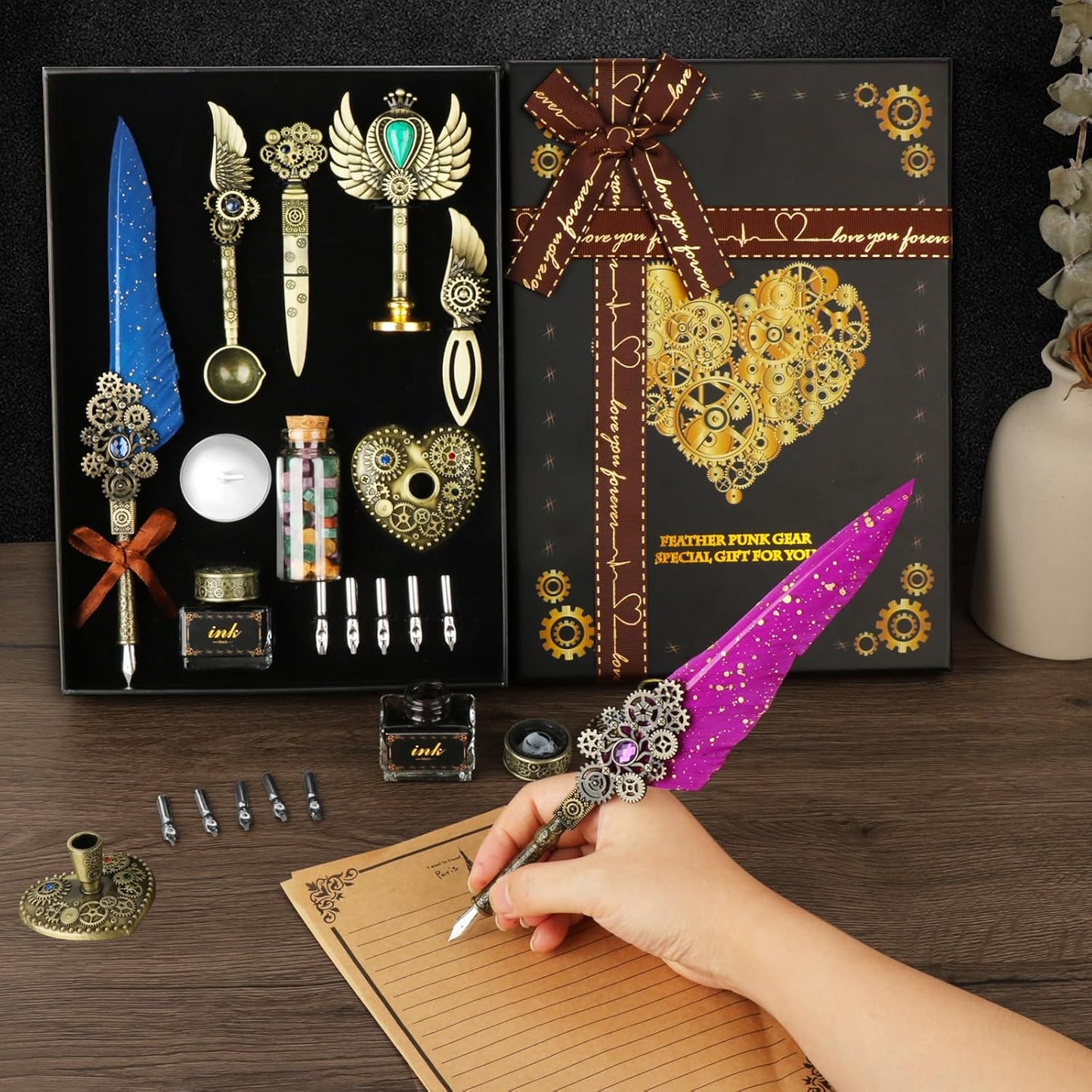 Aifeiter Quill Pen ink Set,Wax Seal Stamp Set,Calligraphy Pen ink Set,Feather Calligraphy Pen Set,Beautiful Gift Calligraphy Set,Christmas Gifts-Blue