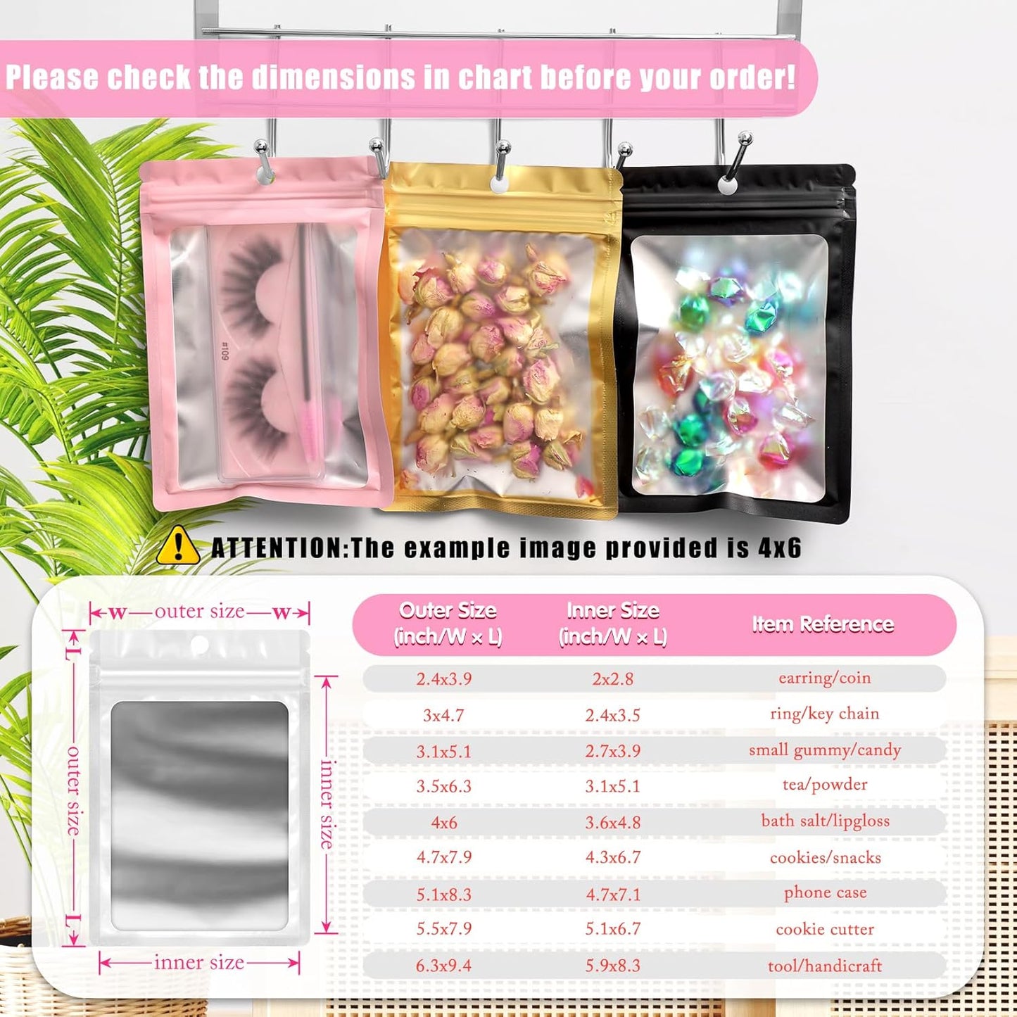 FUNFERY Mylar Resealable Bags Foil Packaging Bags with Clear Window,Zipper Pouch Smell Proof Bag for Food Storage,Cookies,Sample,Small Business,98 Pack(White,2.4x3.9inch)