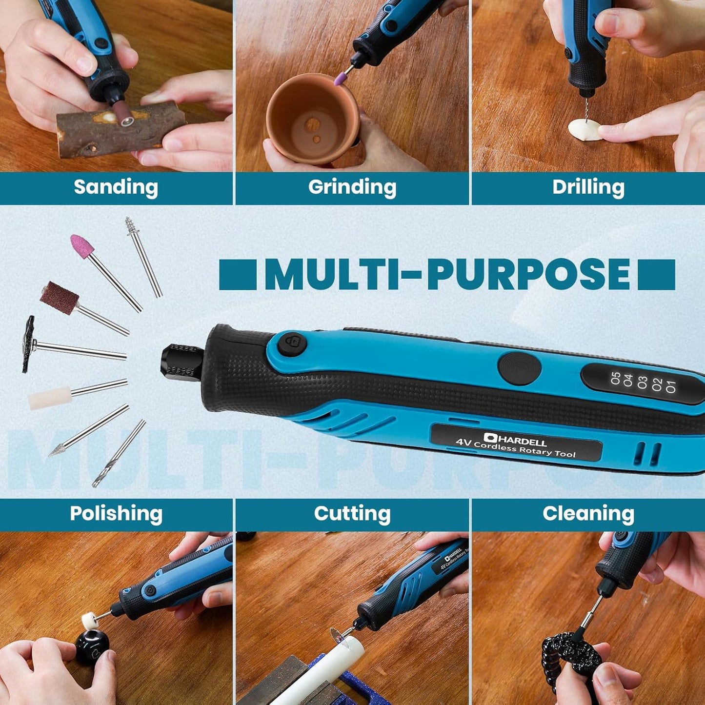 HARDELL Mini Cordless Rotary Tool, 4V Rotary Tool con 5 Speed Display with Type-C Charging, Power Rotary Tool with 69 Accessories for Sanding, Grinding, Engraving, Polishing, Drilling, Cutting, DIY