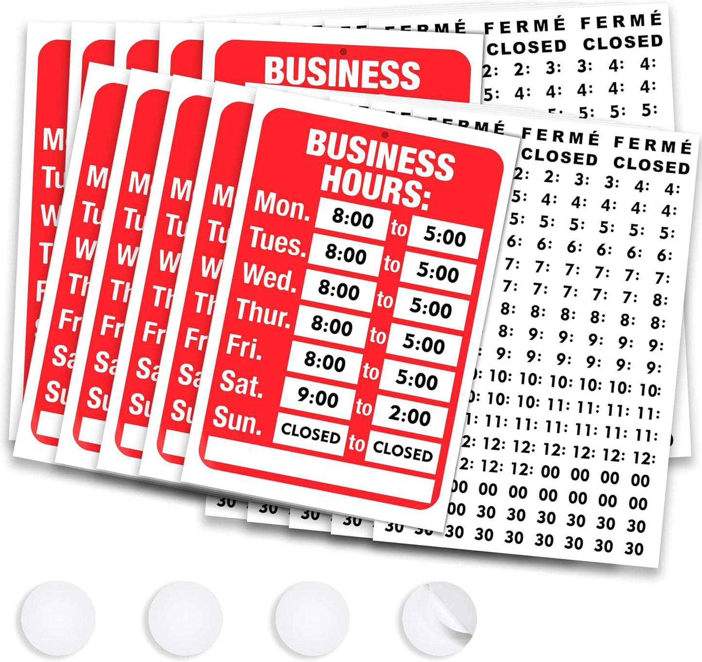 ASSURED SIGNS Open Signs, Business Hours Sign Kit for Glass Door or Window - Bright Red and White Colors - 10 Pack - 7.7 x 11.7 Inch - Includes 4 Adhesive Pads and Number Sticker Set - Ideal Hours Of Operation Signs for Business, Store or Office