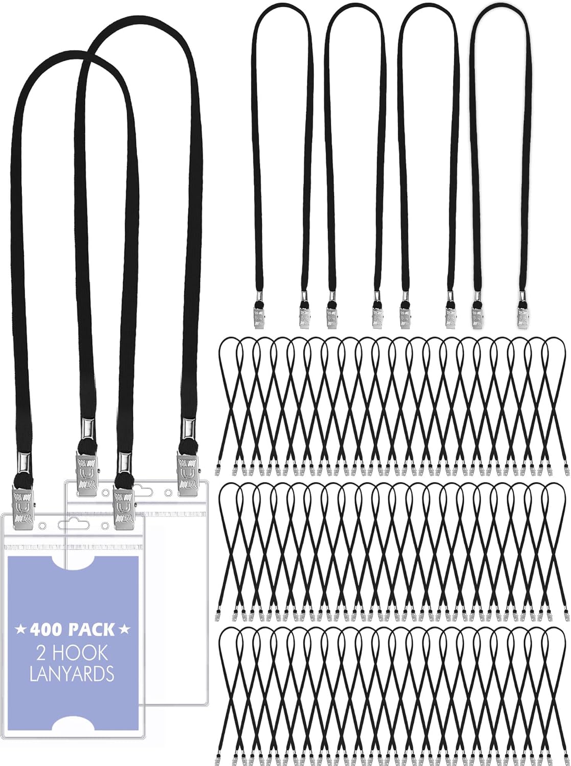Patelai 400 Pack Double Clip Lanyards Bulk Face Mask Lanyard Twist Free 2 Hook Design Adjustable Badge Neck Strap for Conference Office Class Essential Back to School Gifts ID Card Keychain (Black)