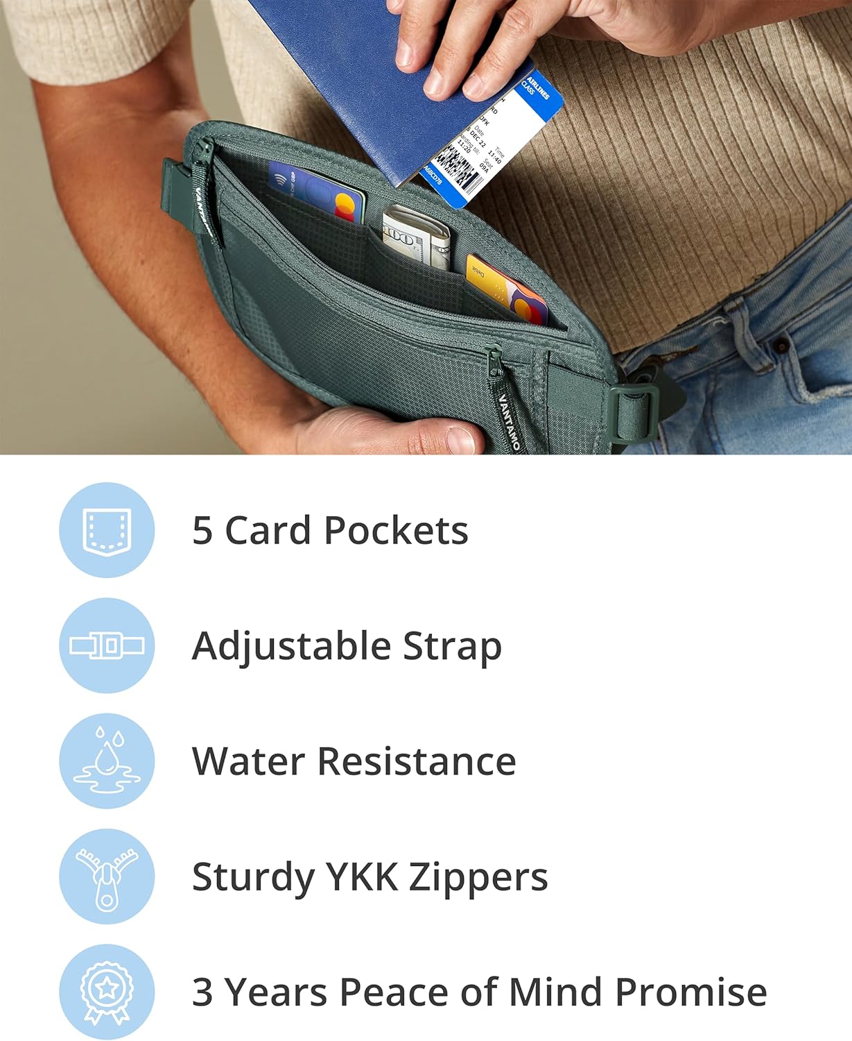 Vantamo Hidden Money Belt For Extra Safety, RFID Ultra-Thin Fanny Pack, 2 Compartment Money Bag Fits Passport & Phone