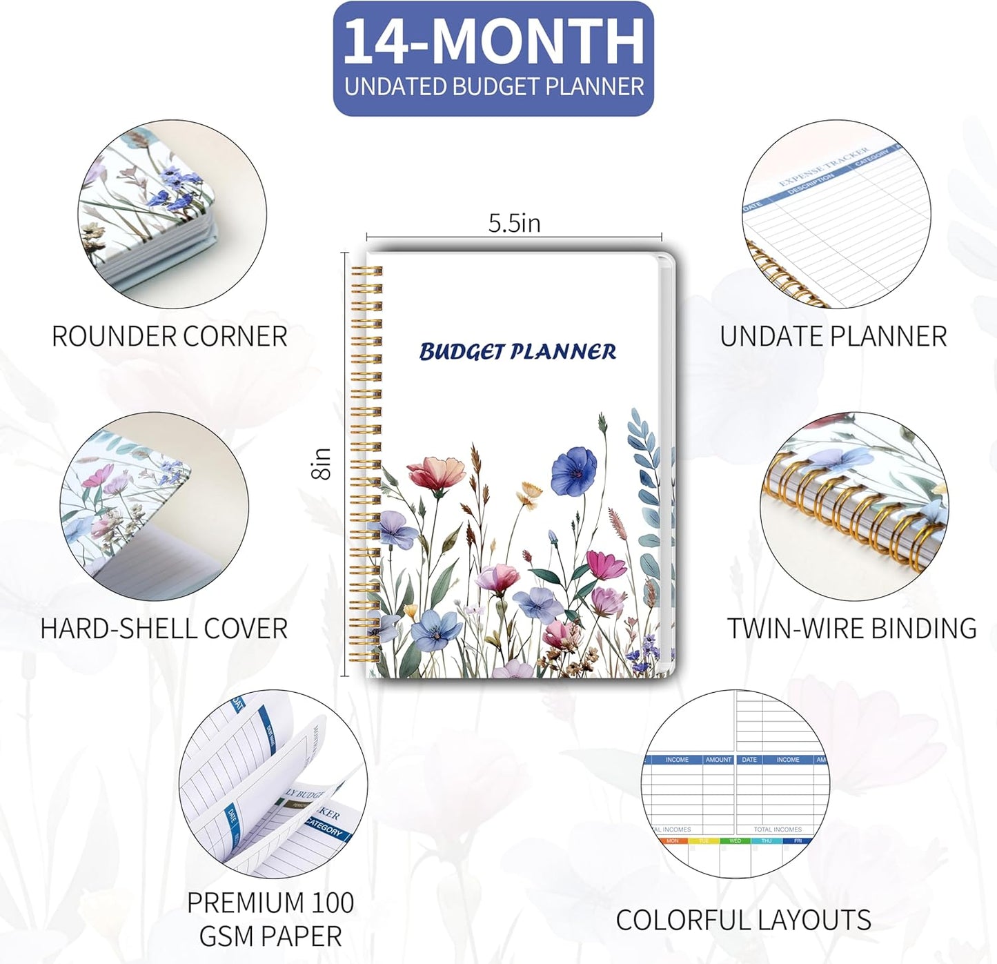Monthly Budget Planner - 14 Months Hardcover Undated Financial Planner Organizer Budget Book with Expense and Debt Tracker Notebook to Manage Your Money Effectively, Bill Organizer
