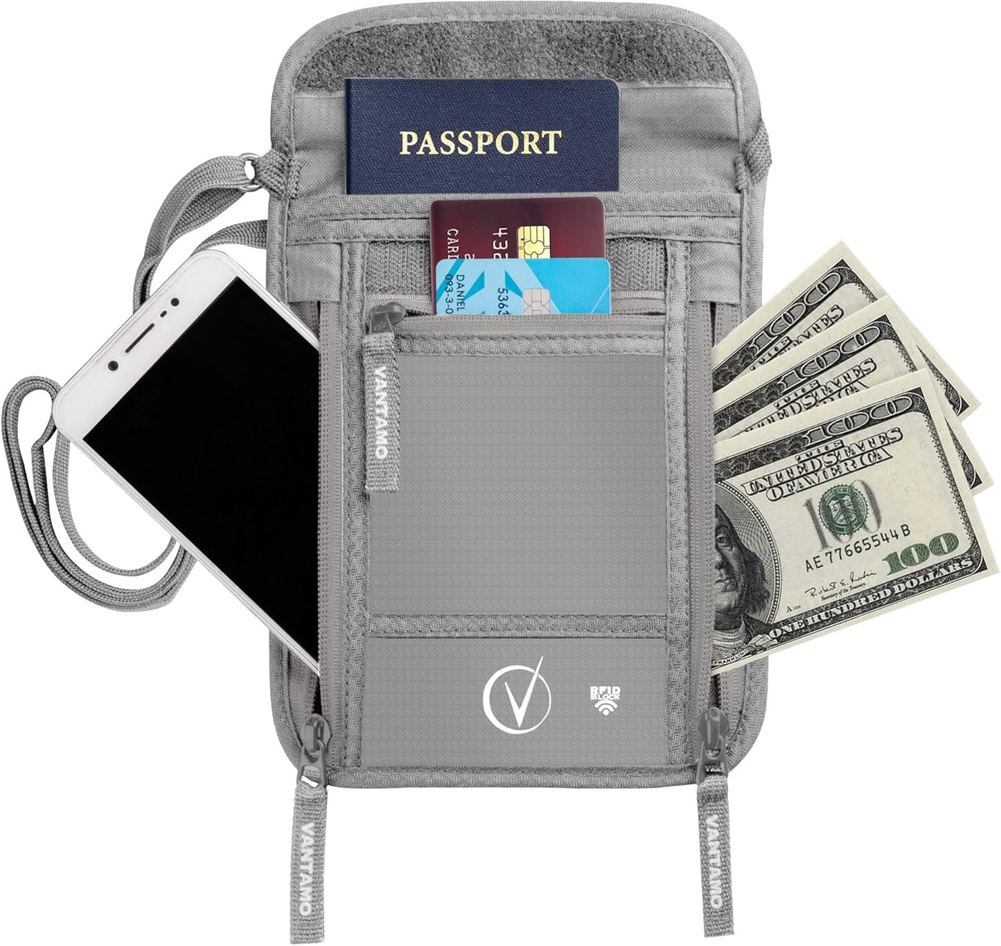 Vantamo Hidden Money Belt For Extra Safety, RFID Ultra-Thin Fanny Pack, 2 Compartment Money Bag Fits Passport & Phone