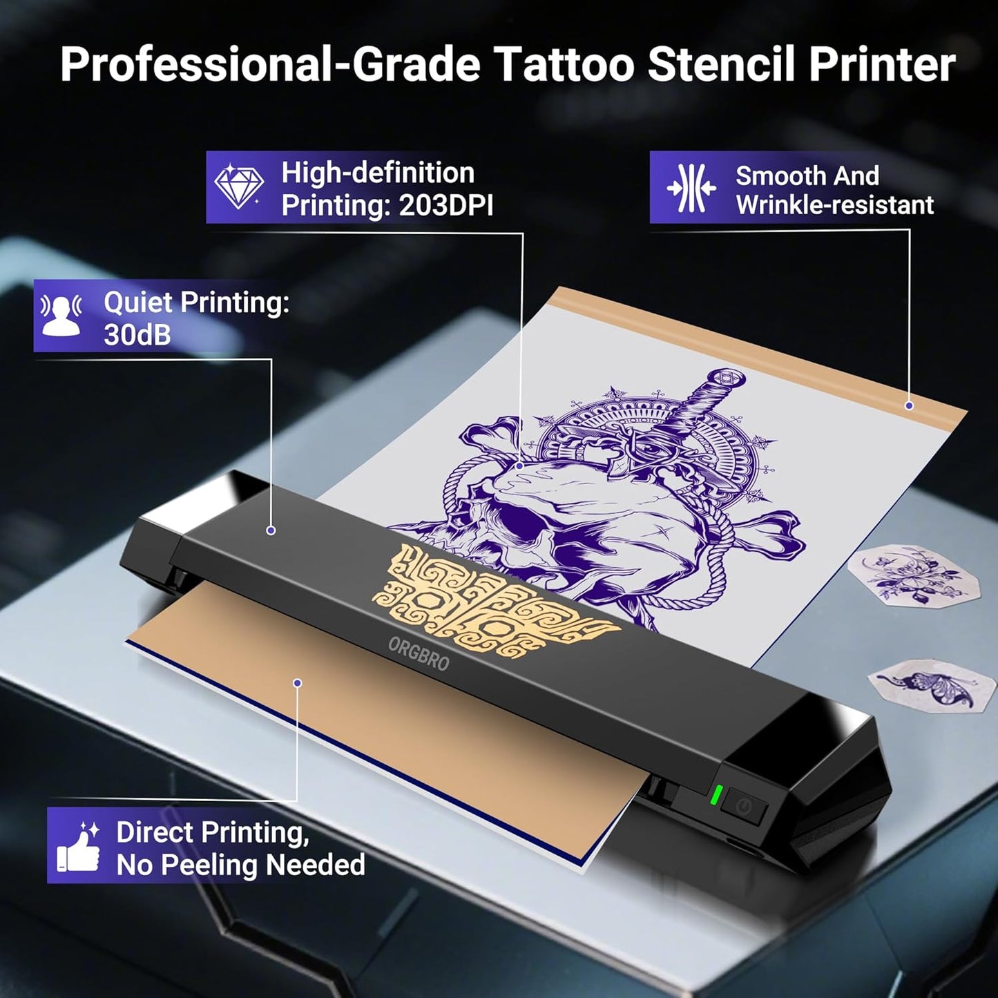 ORGBRO Tattoo Stencil Printer, X8 Thermal Tattoo Transfer Printer with 30pcs Transfer Paper, A4/A5/A6 3-in-1 Wireless Tattoo Machine for Tattoo Artists & Beginners, Compatible with Phone/Tablet/PC