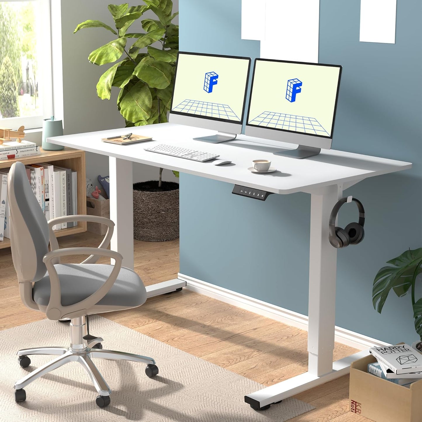 FLEXISPOT EN1 One-Piece Electric White Standing Desk 55 x 28 Inch Desktop Adjustable Height Desk for Home Office and Computer Workstation (White Frame + 55" White Top, 2 Packages)