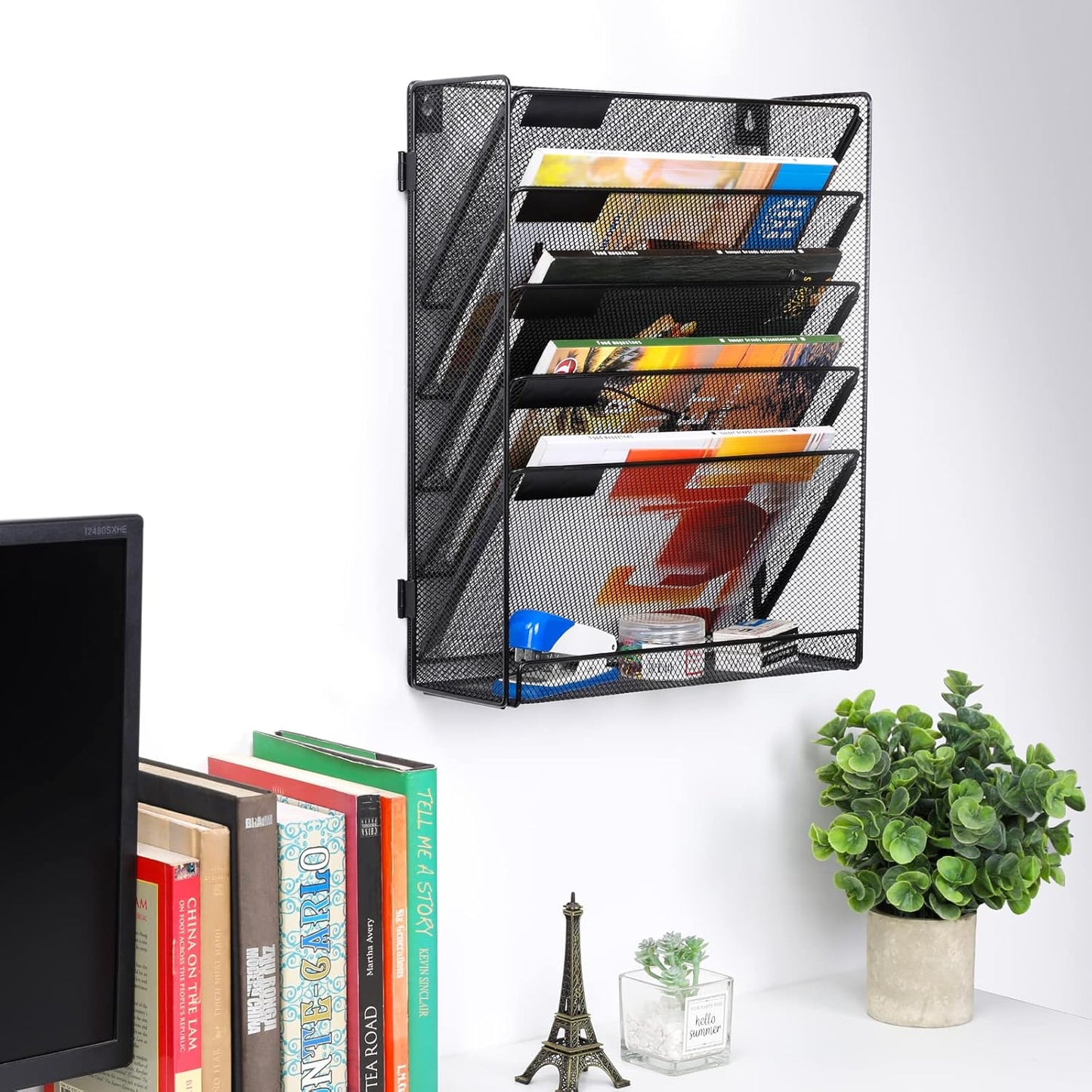 EasyPAG Wall File Holder Organizer 6 Tier Mesh Hanging Wall Mounted Document Paper Folder Filing Magazine Rack with Nametag Label for Office Home School, Black