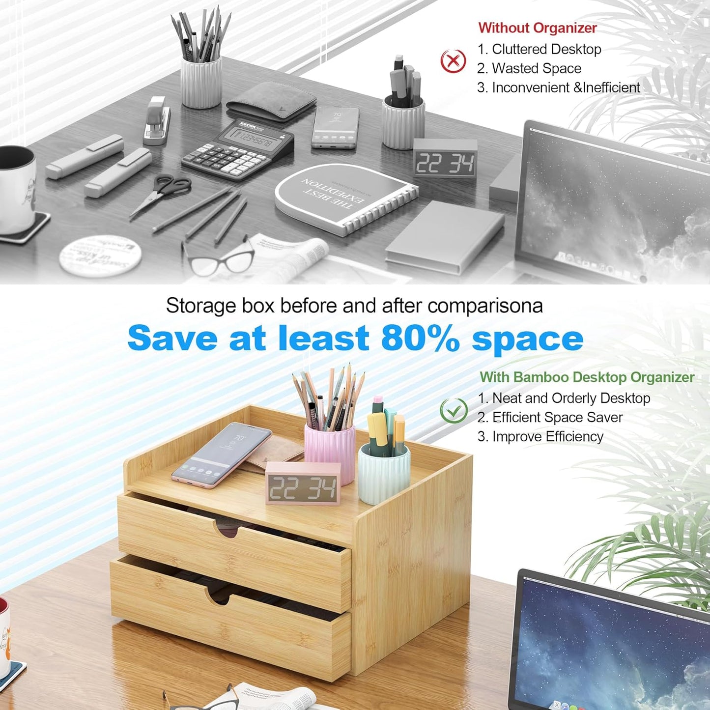 Wisuce Bamboo Desk Drawer Organizer, Large Desktop Organizer with Drawers Tabletop Storage Organization Box for Office Home Toiletries Supplies Vanity, No Assembly Required (2 Drawer with Shelf)