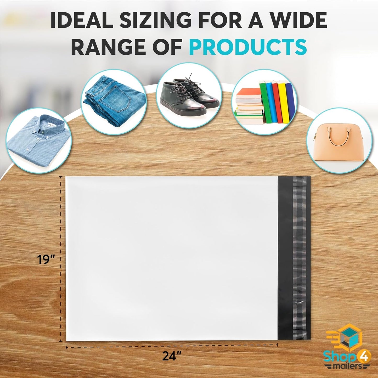 Shop4Mailers 19 x 24 Glossy White Plastic Self Seal Poly Mailer Flat Bags Waterproof Shipping Envelope 2.17 Mil for Apparel, Clothes, Shirts, Books – Permanent Adhesive Seal (50 Pack)