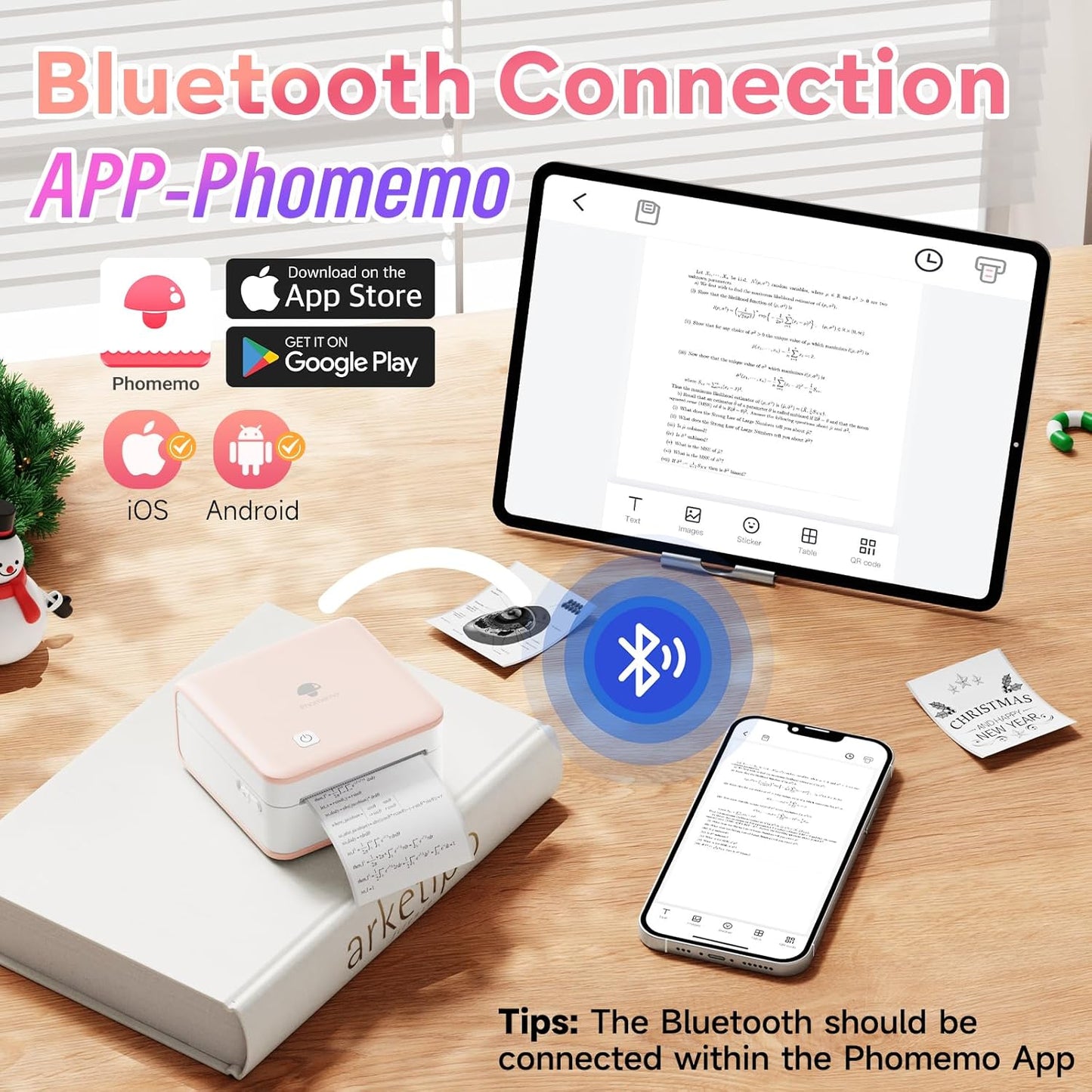Phomemo Mini Printer Sticker Maker - Mini Sticker Printer P2S, Print Pod Pocket Machine Bluetooth Thermal Label Maker for Study Notes, Photos, List, Memo, Gift, Receipt, 3 Rolls Paper, Pink
